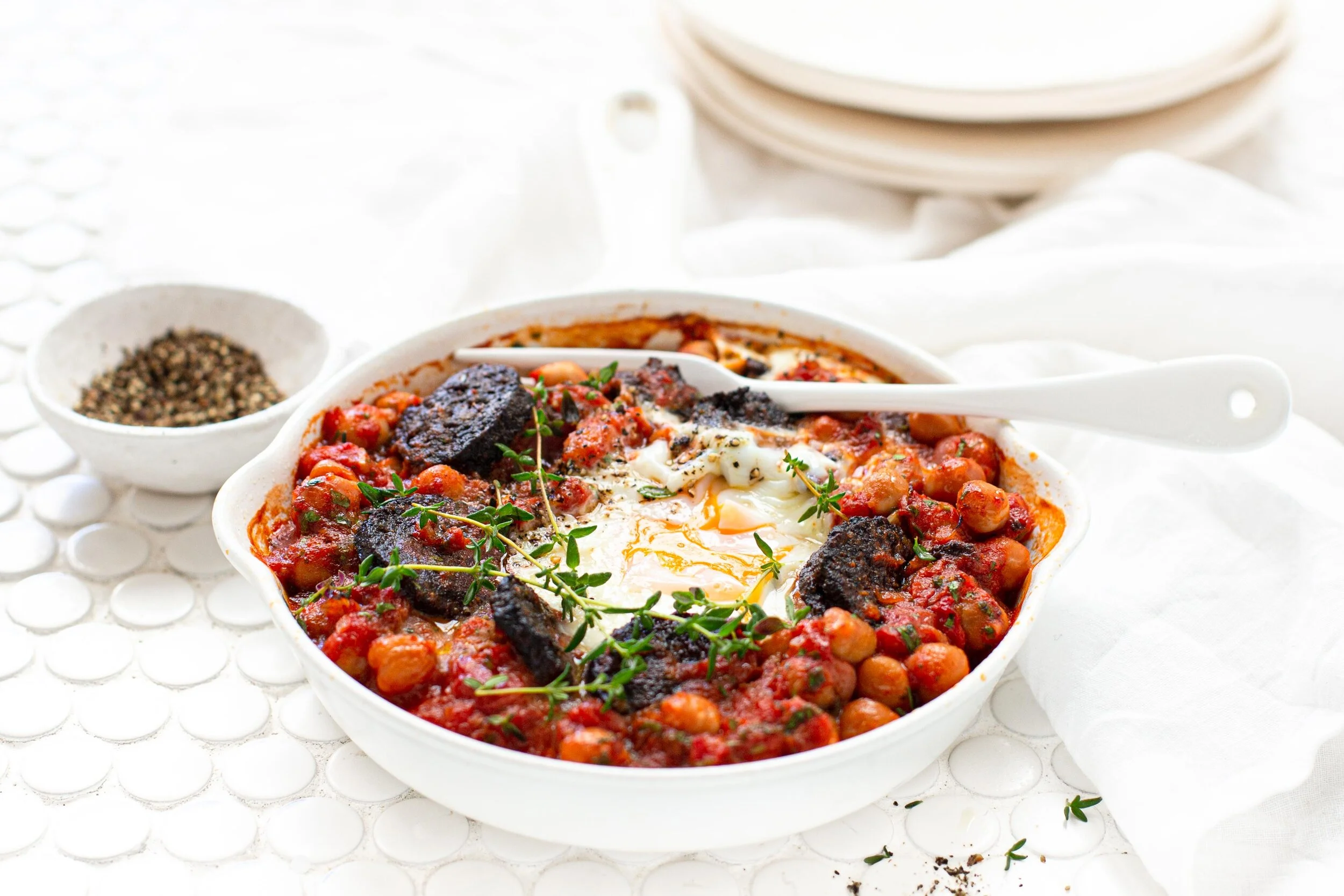 Baked Eggs in Tomato Sauce with Black Pudding &amp; Chickpeas