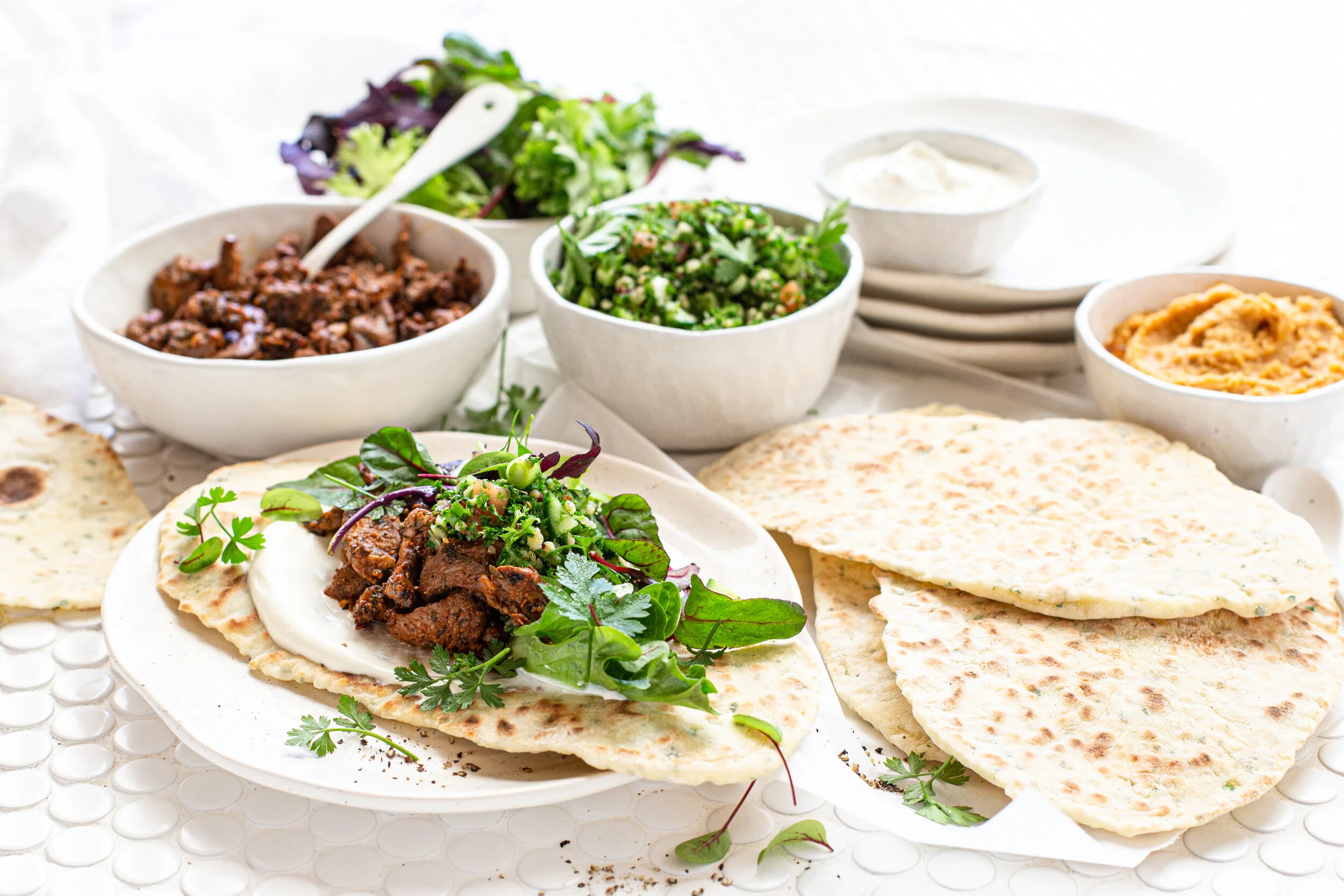 Lamb Yiros with Yoghurt Flat Bread, Quinoa Tabouli &amp; Hummus