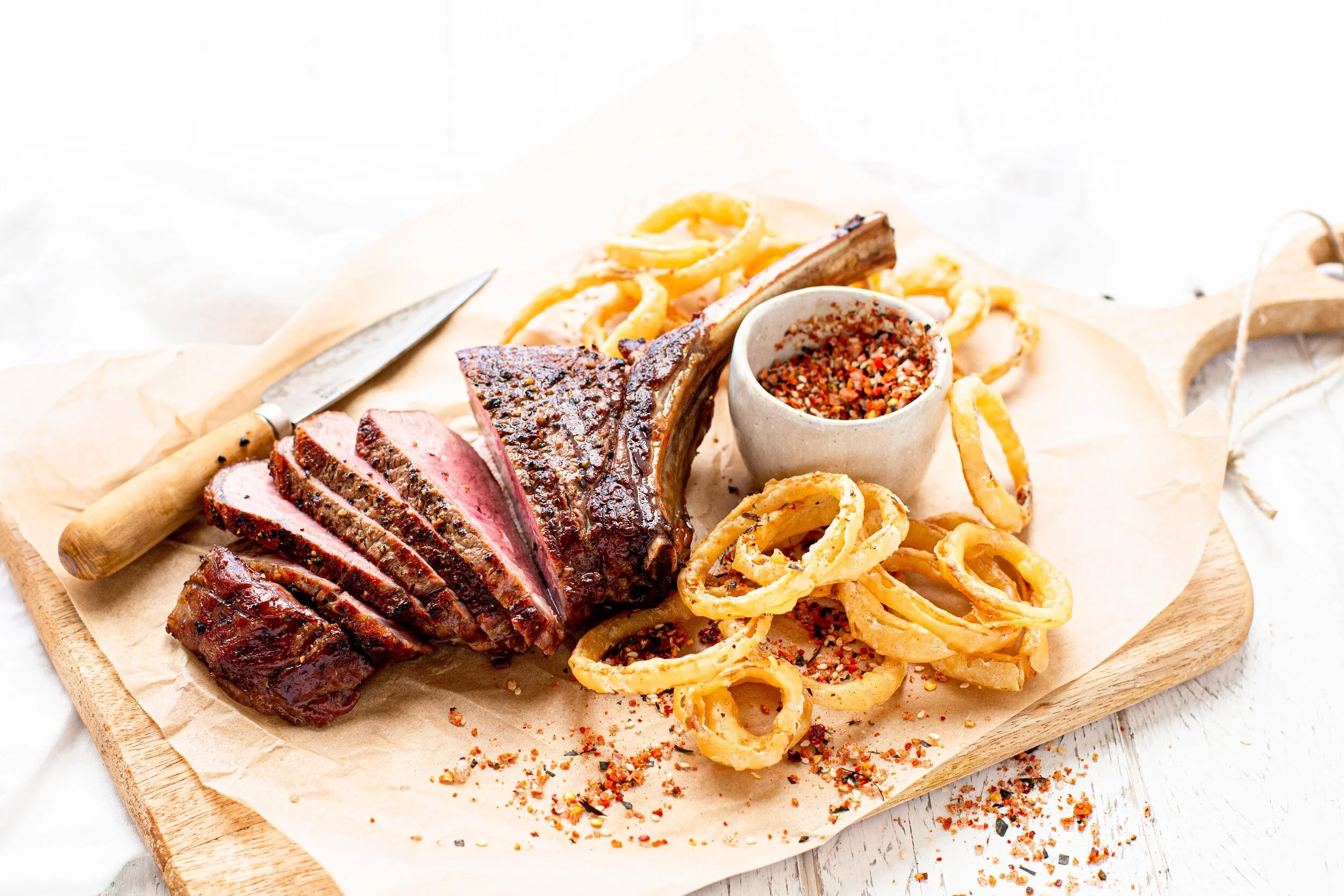 Beef Rib Eye with Tempura Onion Rings &amp; Shichimi Togarashi Salt