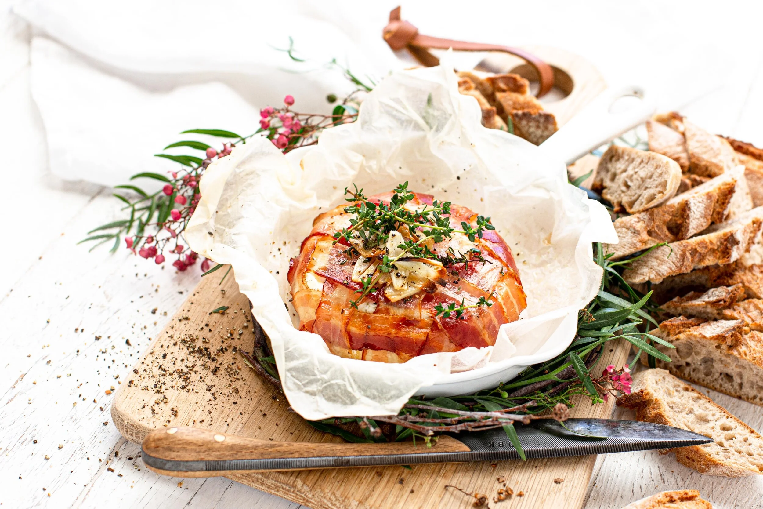 Baked Brie Wrapped in Streaky Bacon with Garlic &amp; Thyme