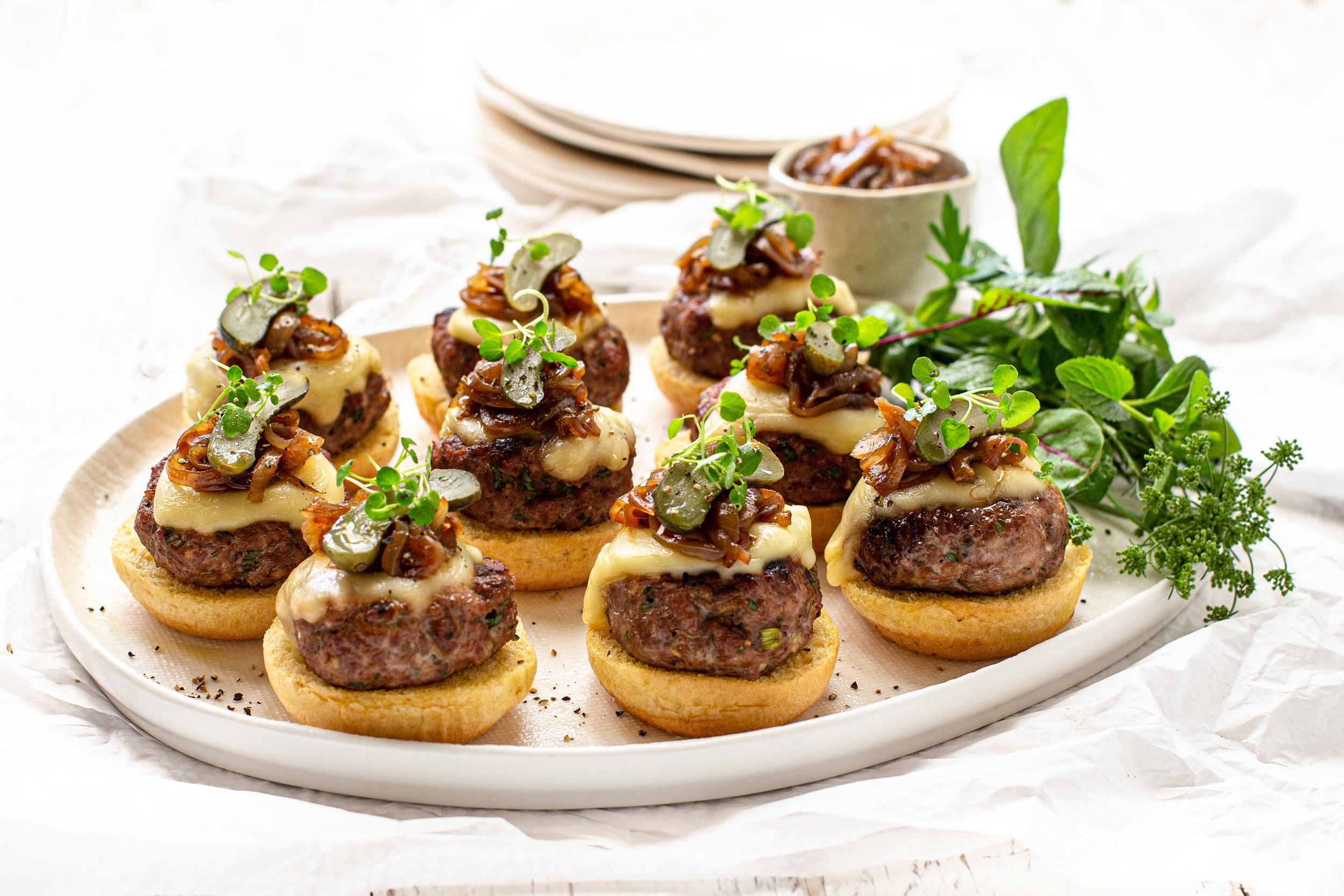 Pork Mince Cheese Burger Sliders with Caramelised Onion Relish