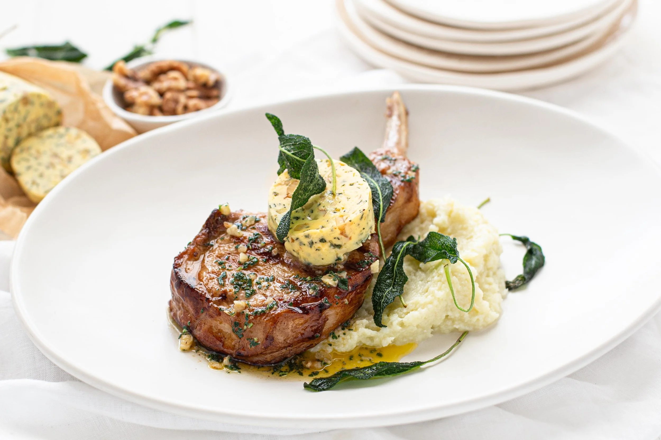 Pork Cutlets with Sage, Walnut &amp; Roasted Garlic Butter
