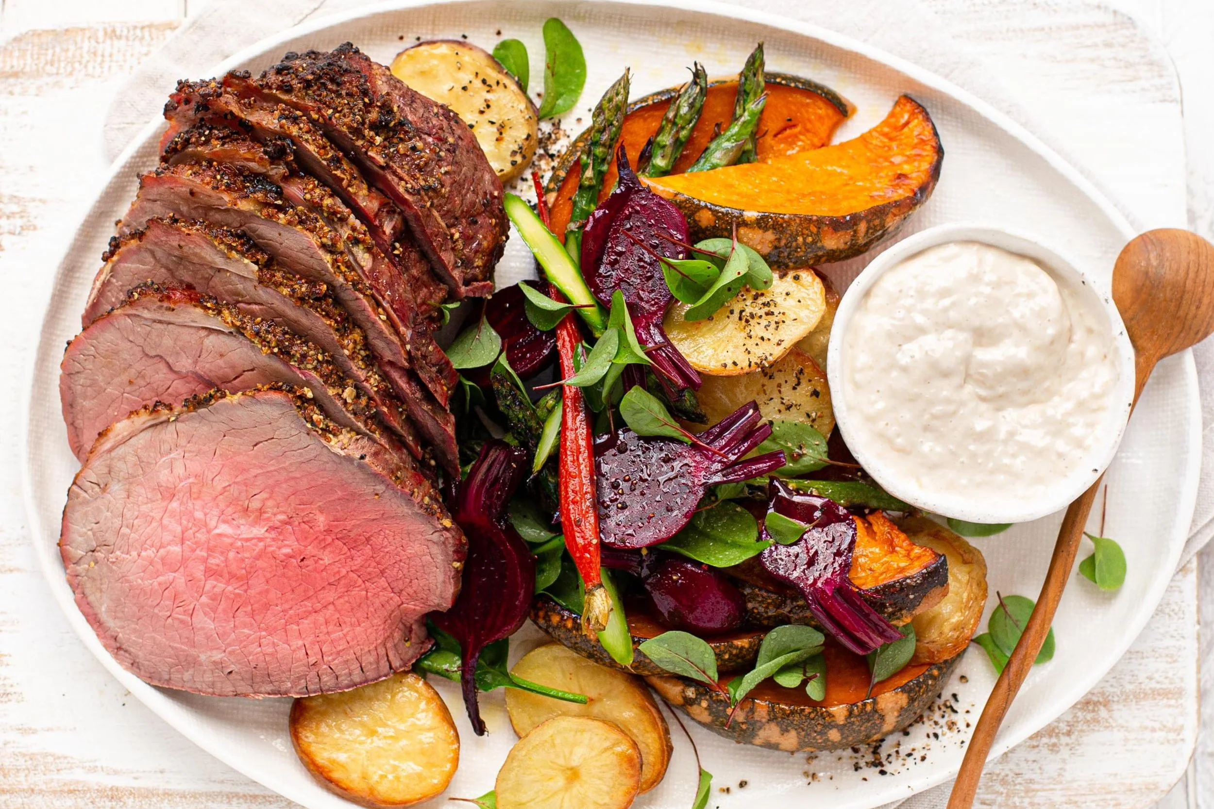 Roasted Beef Bolar with Autumn Vegetable Salad &amp; Horseradish Cream