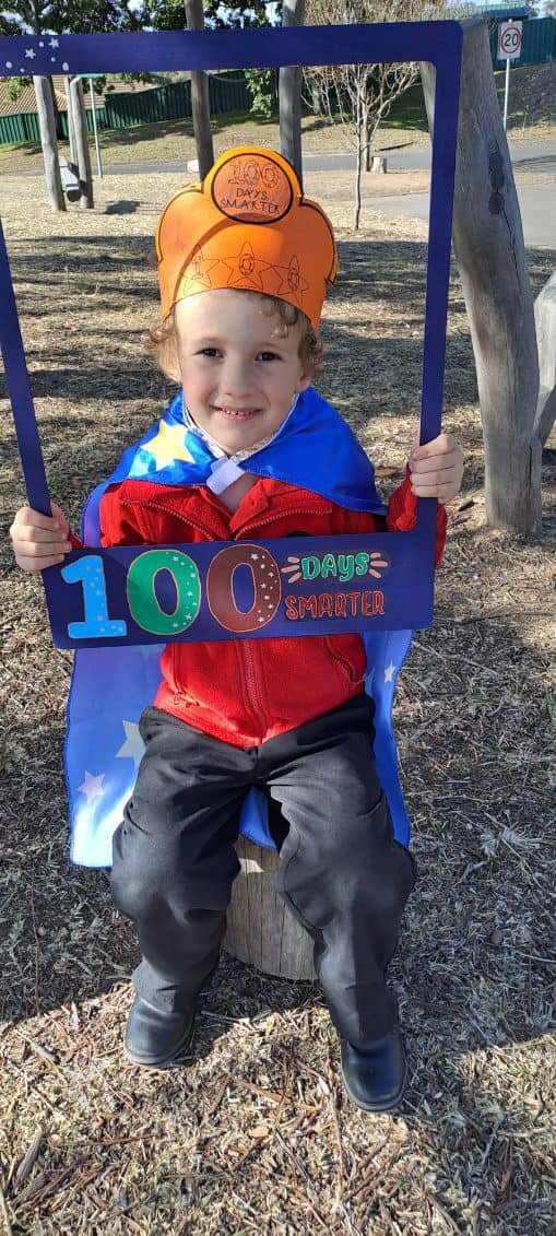 Felix 100 days of Kindy with cape, frame and crown July 2023.jpg