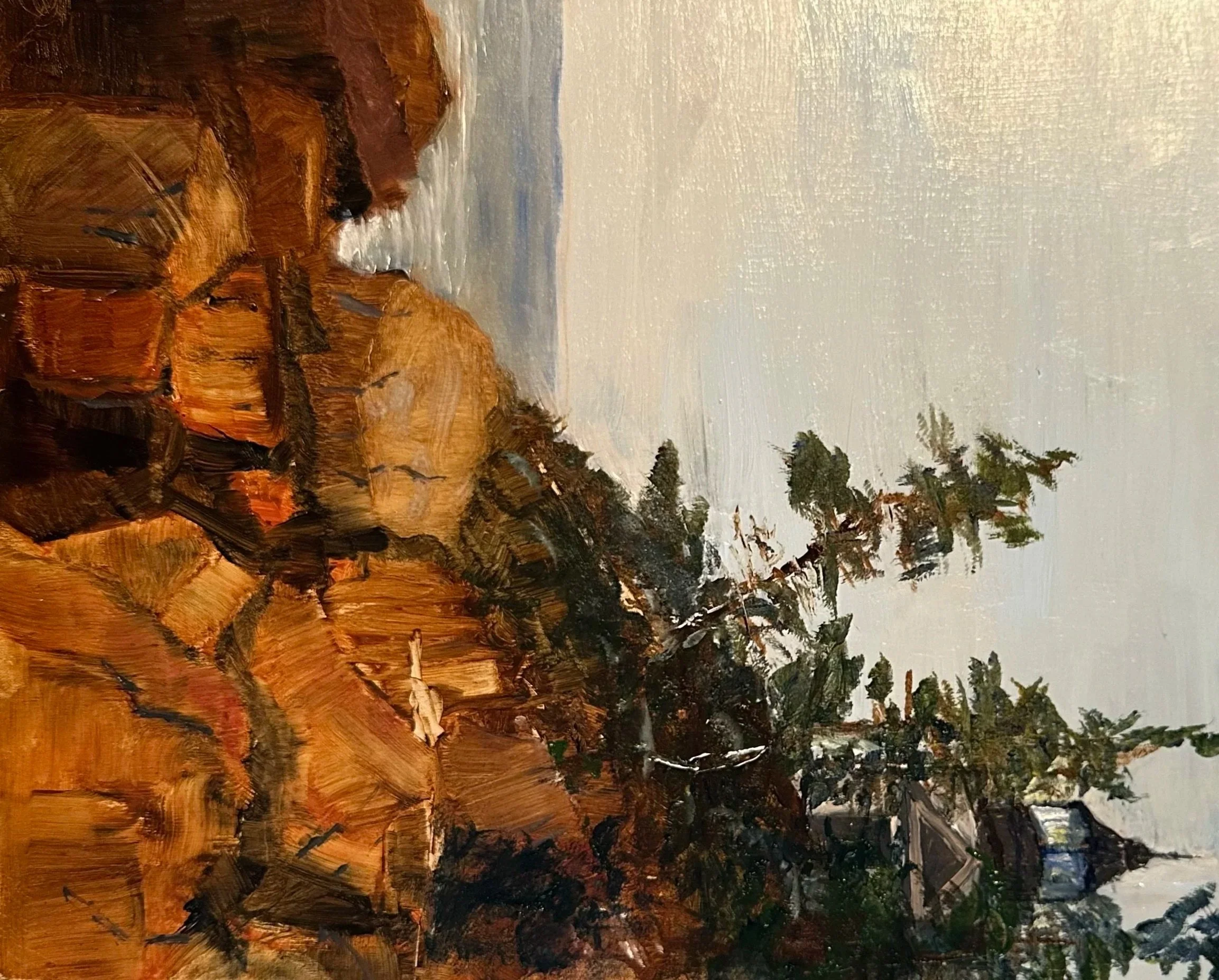 Sideways View: Vertical Image, Bass Harbor Head Light Station, Arcadia National Park, Maine 8x10, Oil on Board, Unframed