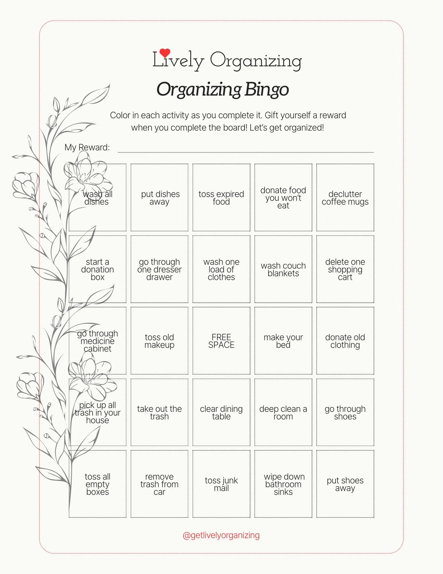 Need motivation to get organized? Here’s a fun bingo card I made to do just that!
Show me your bingo cards AND reward when you’re done so we can celebrate! 🎉 
#letsgetorganized 
#progressnotperfection 
#livelyorganizing 
#clevelandtn
#