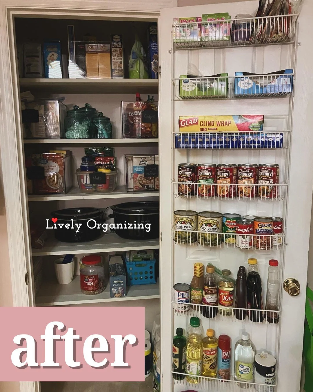 Swipe to see the before!
These client had a ton of excess pantry space, but couldn't see what products they did or didn't have. 
We were able to catalog all of their pantry items, organize and place like items together, and even add move some items