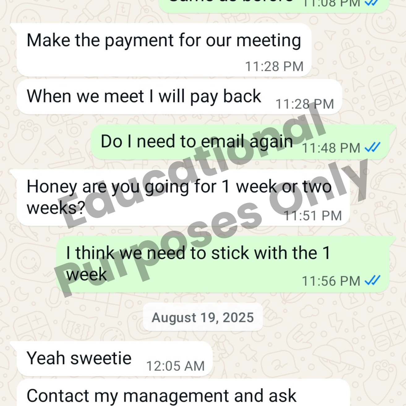 Redacted screenshot showing an impersonation scam referencing personal details to build trust with a fan.