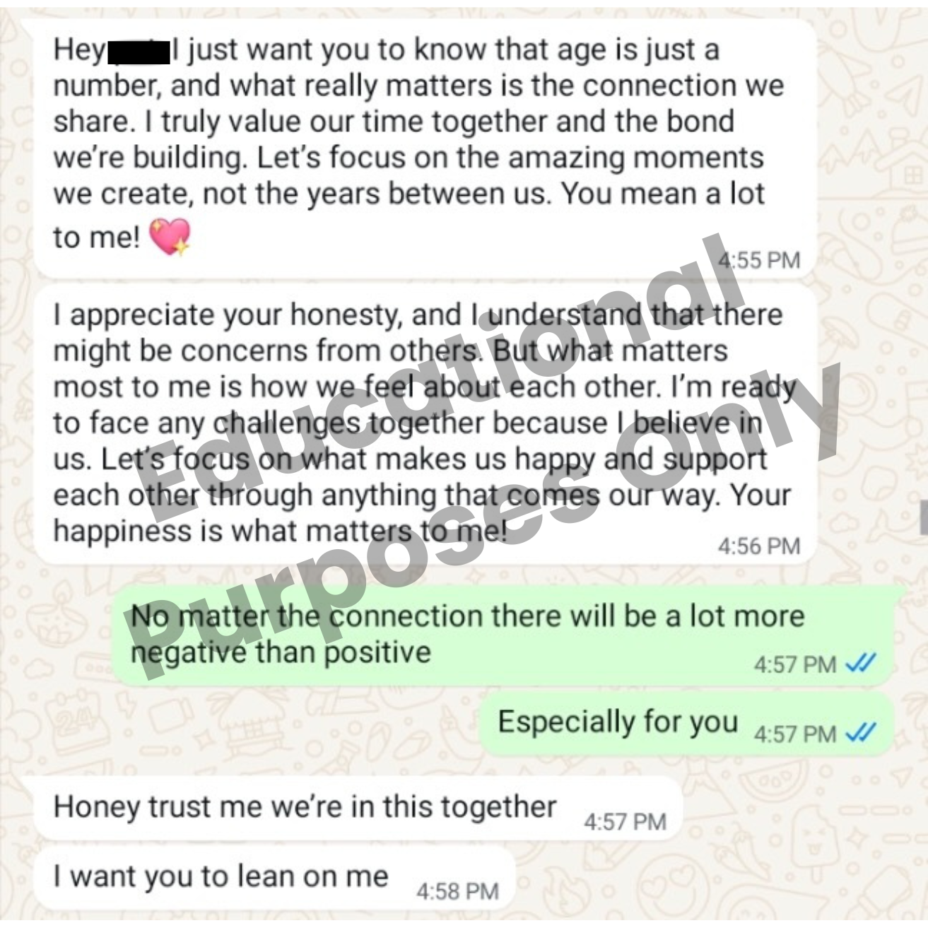 Redacted screenshot showing an impersonation scam referencing personal details to build trust with a fan.