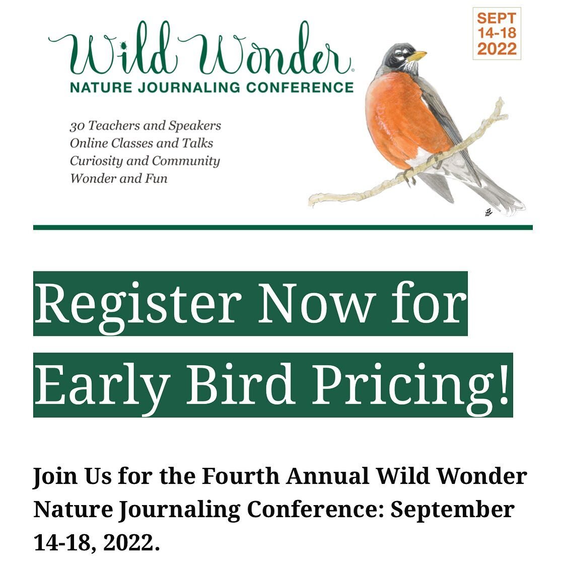 Hey! @johnmuirlaws and his Wild Wonder online event is coming in September. I&rsquo;ll be there teaching on layout for nature journalers! Early Bird pass is a great deal at $85 but it ends soon! https://johnmuirlaws.com/wildwonder/