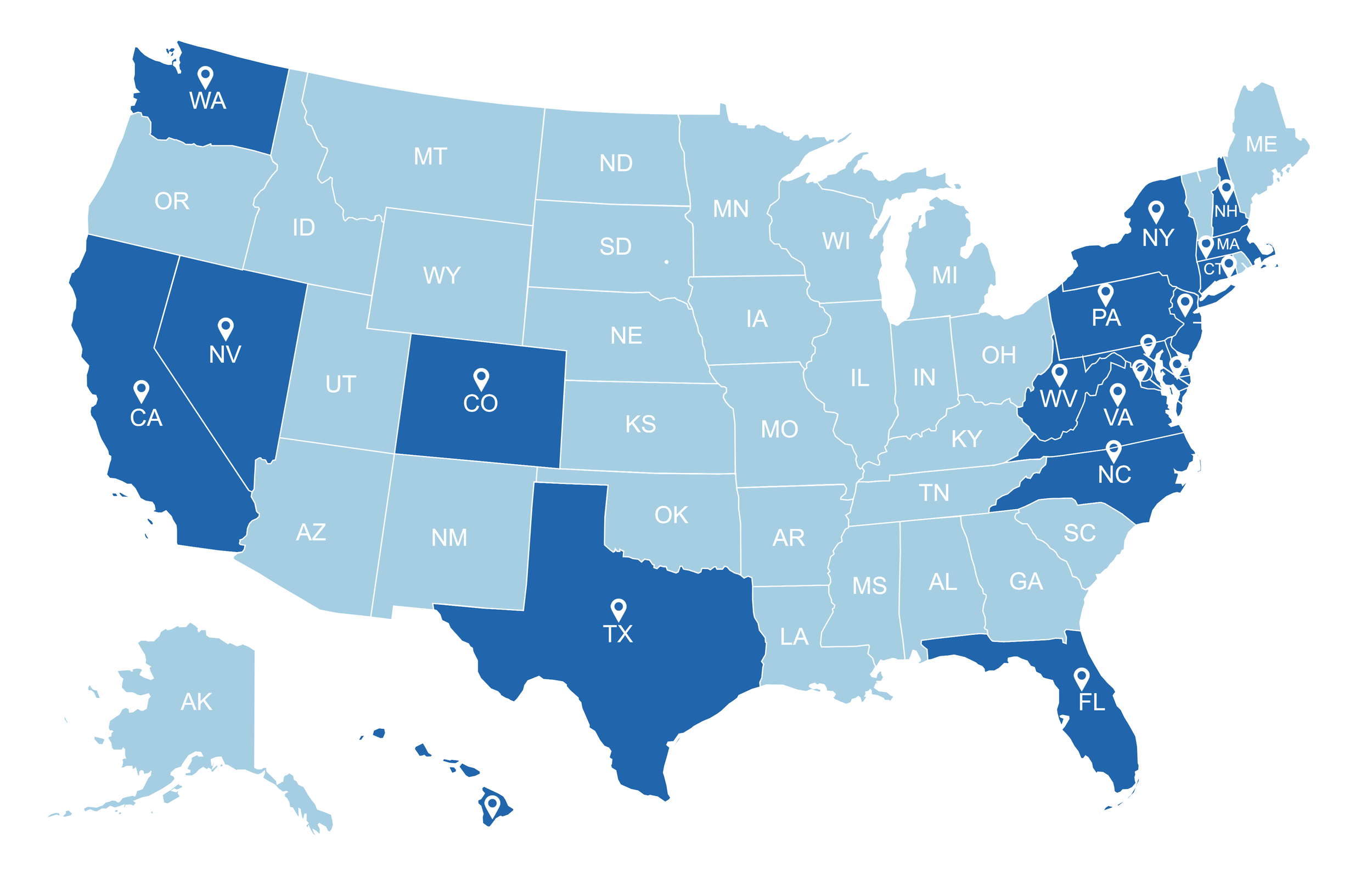 Map of the United States with each state colored in varying shades of blue. Some states have markers with location pins and abbreviations.
