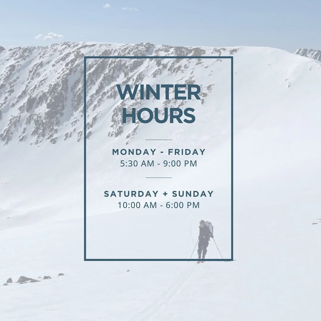 The time is here! Winter hours start this week!

Monday - Thursday 5:30 AM - 9 PM
Weekends: 10 AM - 6 PM
