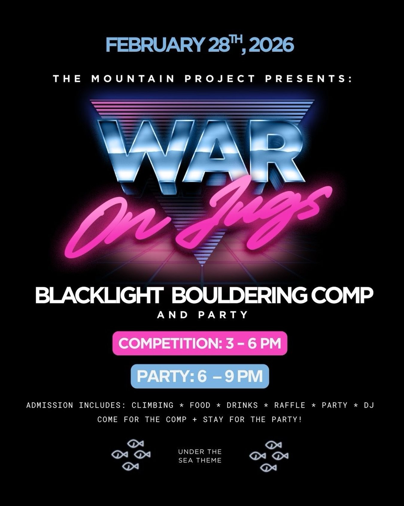 ⚡️🌊 WAR ON JUGS &mdash; FEB 28 🌊⚡️

This is your reminder: the black light bouldering comp and party of the season is almost here.

🧗&zwj;♂️ Compete (Beginner + Open divisions)
Cash prizes. Podium glory. Neon-lit problems.

🎉 Spectate + Party
Raf