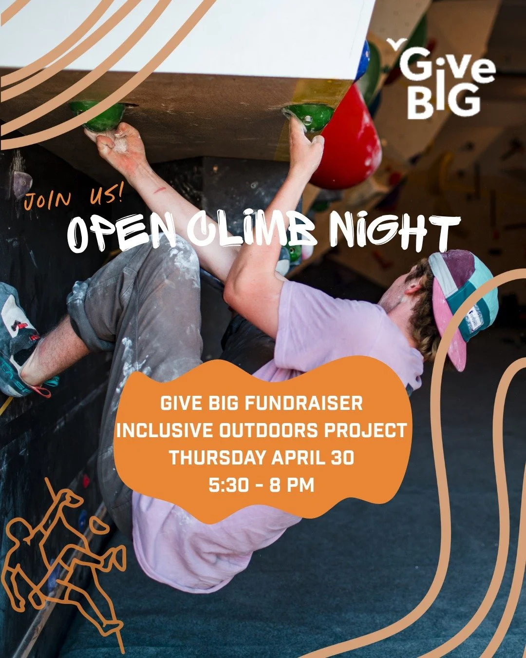 As part of our Give Big Fundraiser for @inclusiveoutdoorsproject , we are having an Open Climb Night on the bouldering side from 5:30-8pm! All proceeds from climbing and the 5:30pm class will go to the IOP. Snacks and drinks will be provided by the I