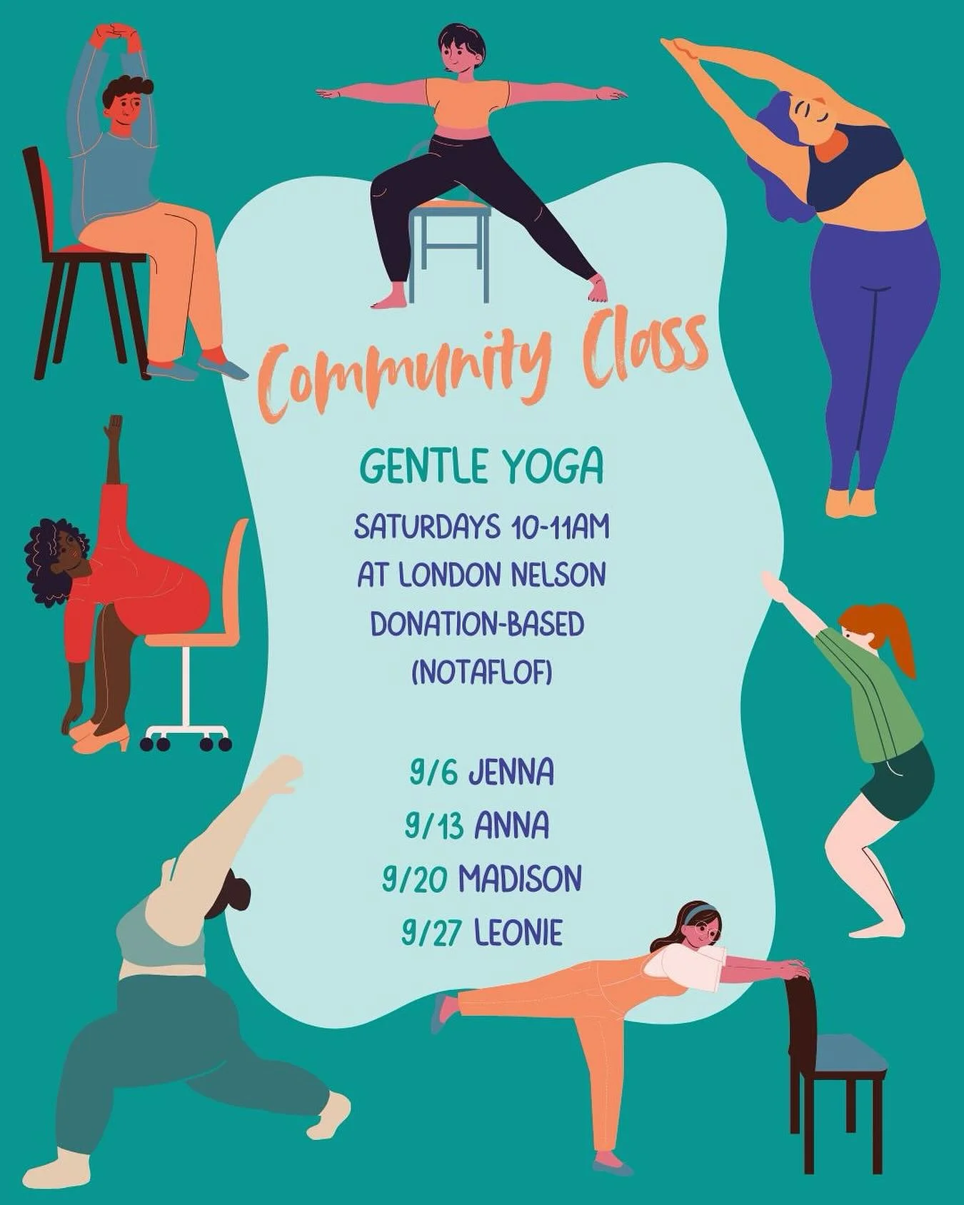 Happy Friday &mdash; and September! Here&rsquo;s a look at who&rsquo;s teaching our #communityyogaclass Saturdays this month. Join us tomorrow!

Plus, don&rsquo;t miss our trauma-sensitive classes on Monday and Friday (today!) &mdash; same time, same