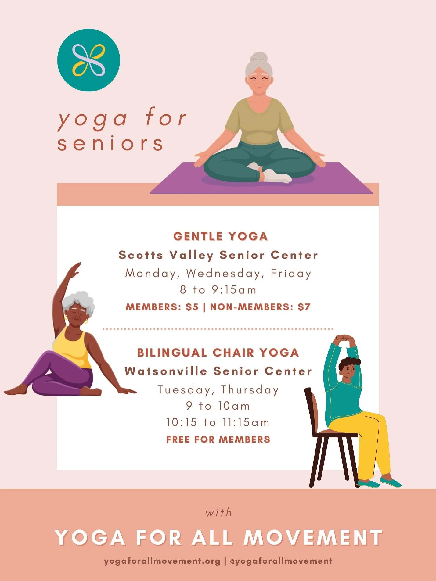 Did you know we offer yoga for seniors every day of the (work) week? Plus, our 3 weekly community classes (slide 2 ➡️) are senior-friendly! 

These 10 weekly classes offered at local senior and community centers across @santacruzcounty are low-cost, 