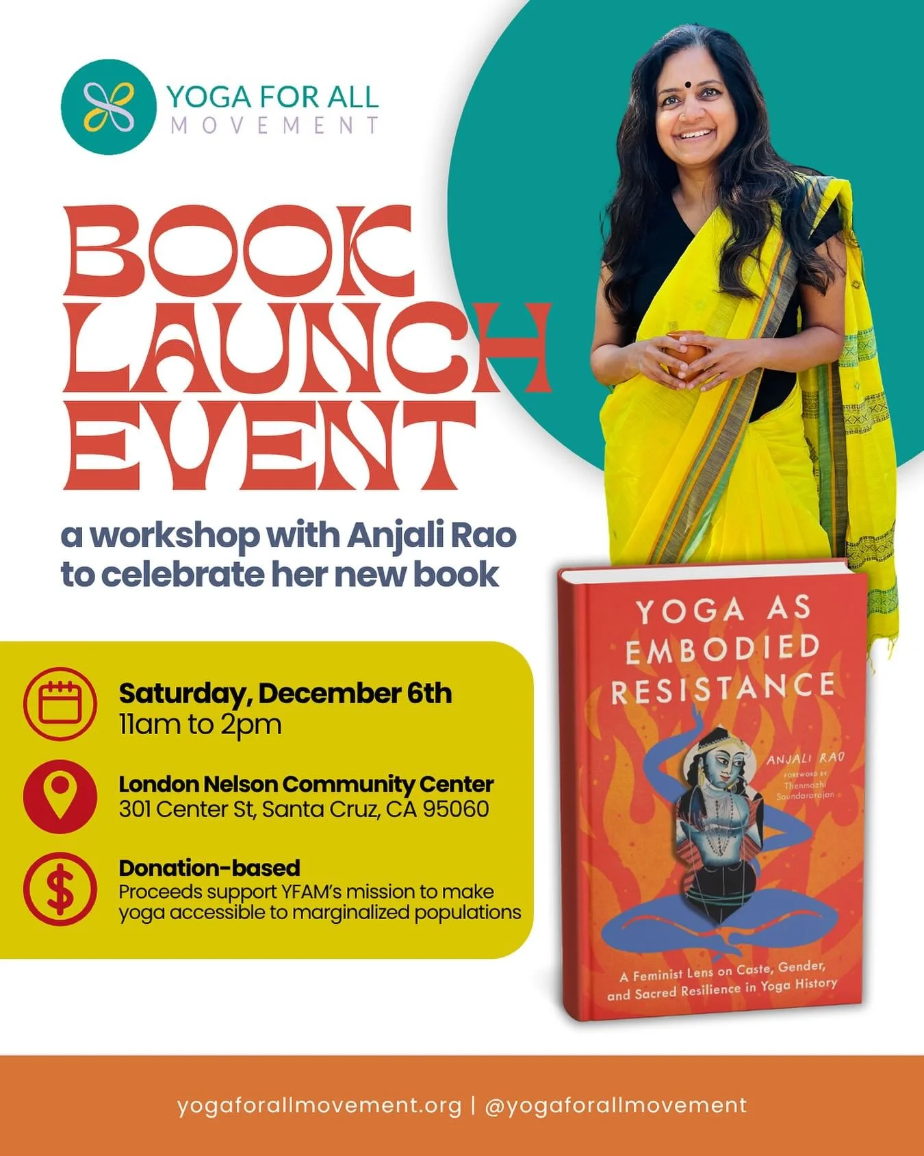 We are thrilled to welcome yoga scholar and author @yoganjali, who served as former president of @accessibleyoga (a nonprofit aligned with our mission of ensuring accessibility and equity in yoga spaces to people of all backgrounds), to Santa Cruz fo