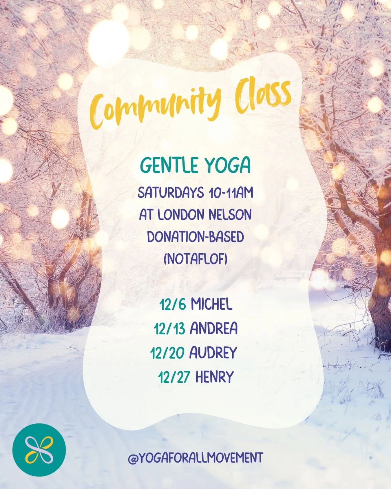 Happy December! We hope to see you at one of our community classes this month. While our Saturday class is taught by a rotating YFAM teacher, we also have classes on Monday with @carol.cloud.9 and Friday with @bobi.licious &mdash; same time, same pla