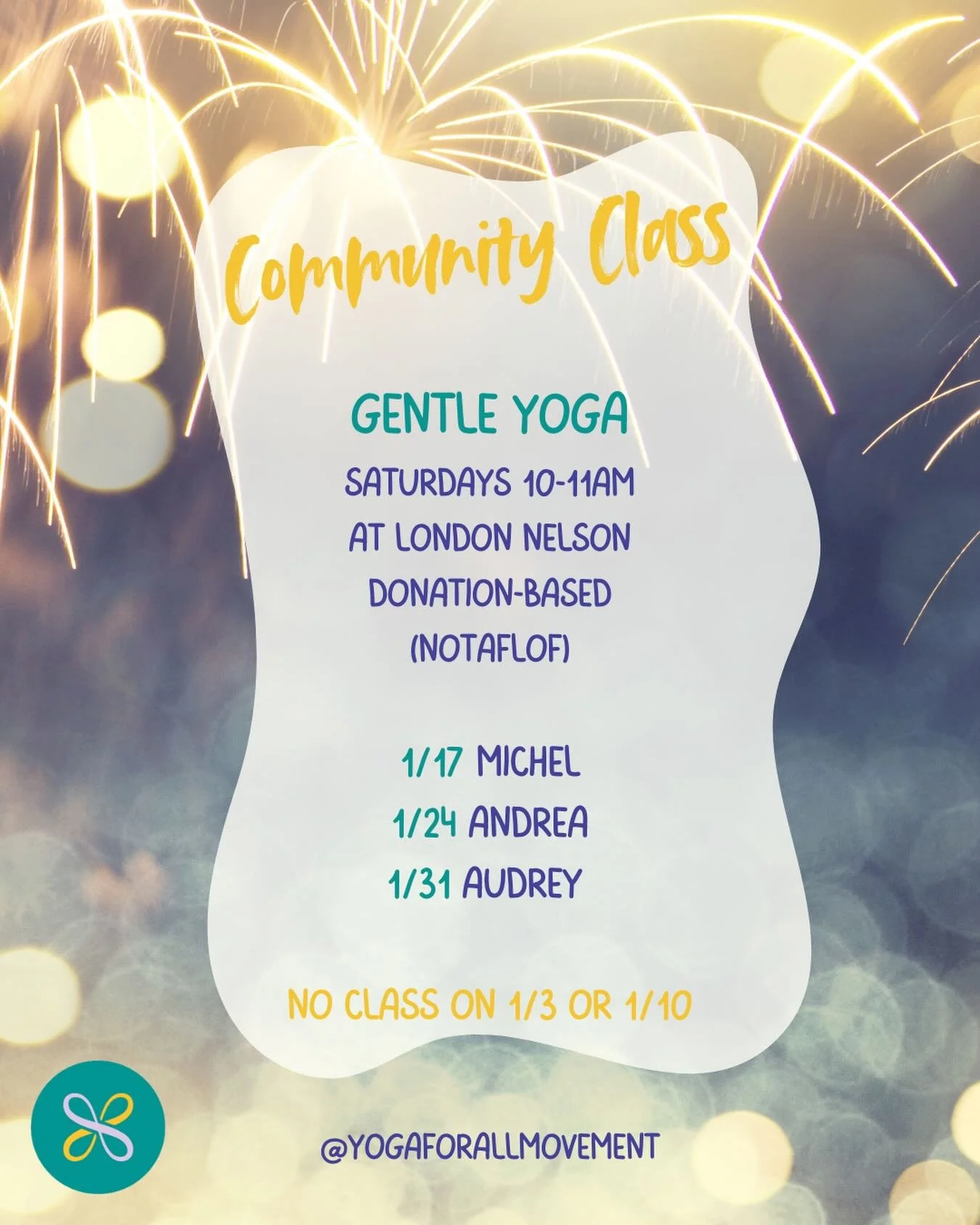 Happy 2026! 🎆

Our Saturday community class resumes on 1/17 (right before our first workshop of the year - see last post!). Here&rsquo;s a look at the YFAM teachers that will be leading class. 

We also have community classes on Mondays and Fridays 