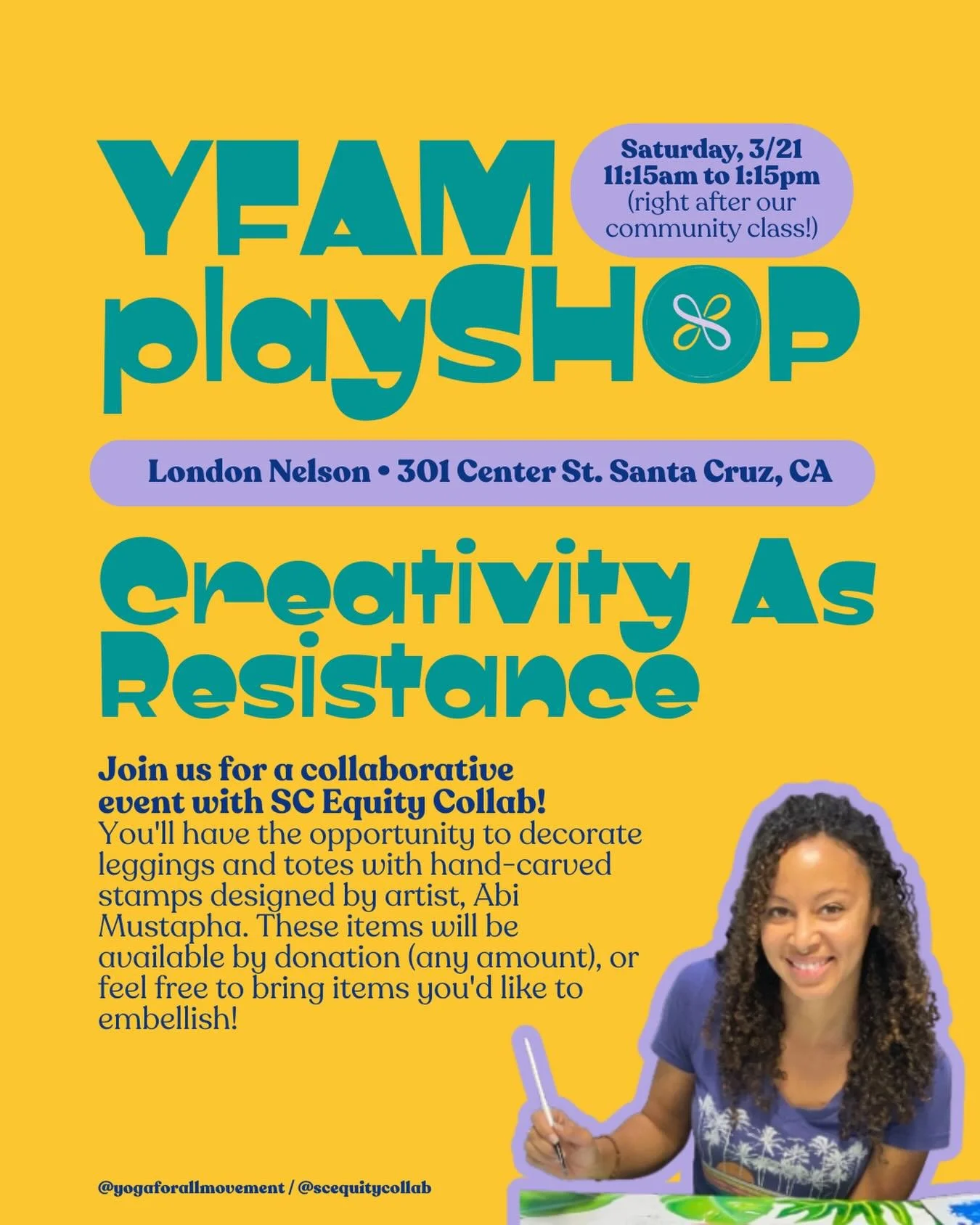 Come play! Our monthly workshop is a collaborative event with @scequitycollab: Creativity As Resistance 🎨 

We will have leggings and totes available to purchase by donation (any amount) and embellish with stamps hand-carved by artist @abimustapha! 