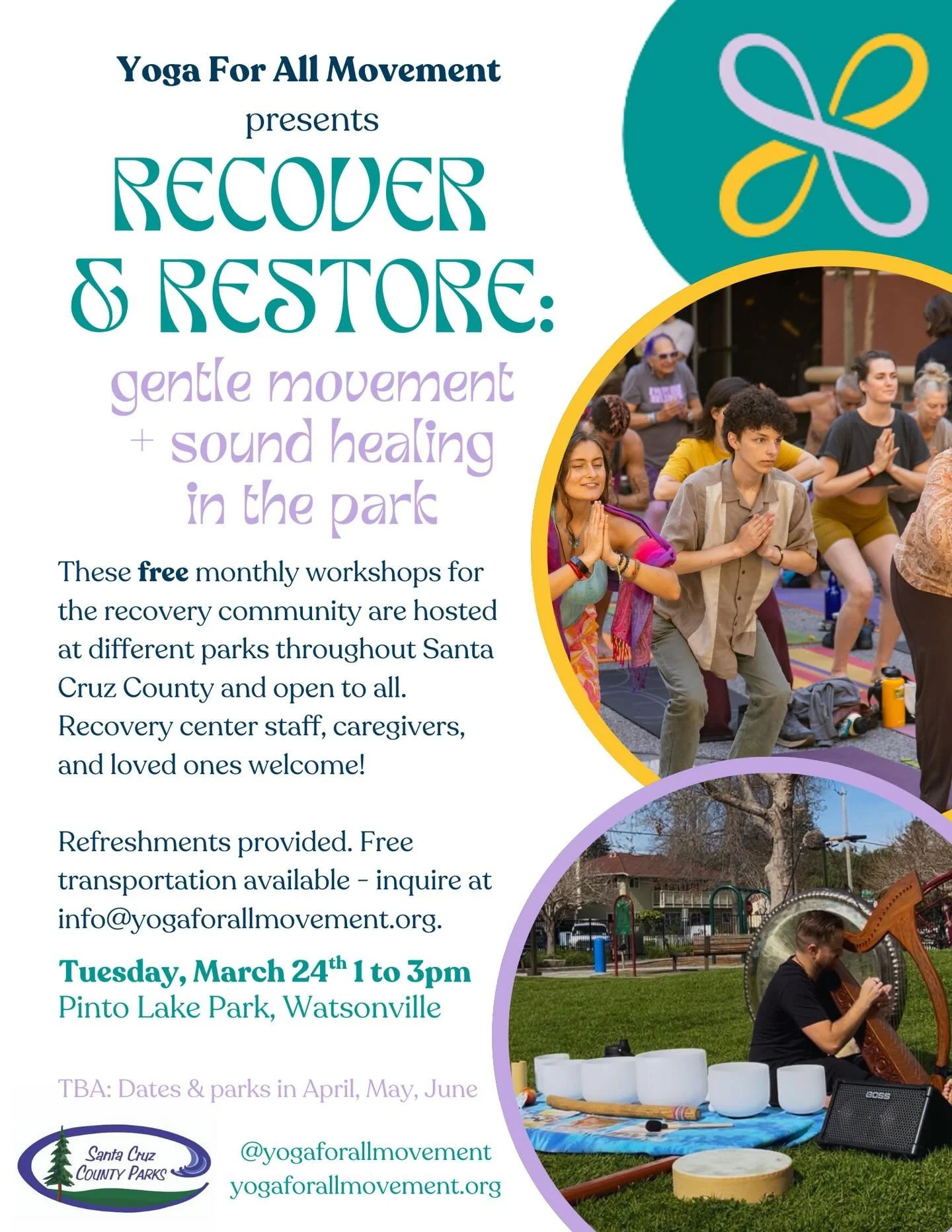 Our next Recover &amp; Restore workshop is coming up!

🗓️ Tuesdays, 3/24 1 to 3pm
📍 Pinto Lake County Park

These free monthly workshops for the recovery community are hosted at different parks throughout Santa Cruz County and open to all. Recovery