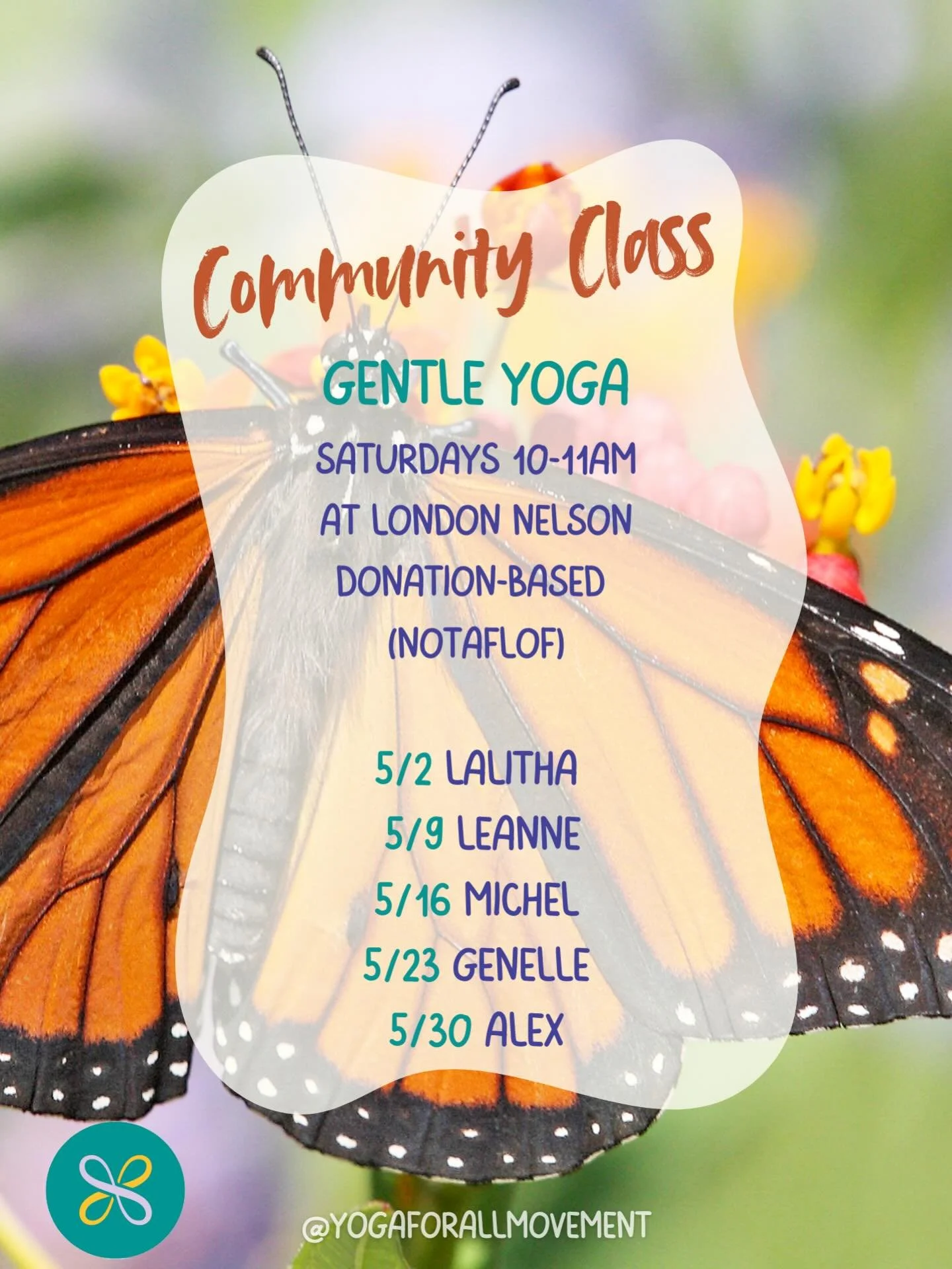 Happy May! Here&rsquo;s a look at who will be teaching our Saturday community class this month 🦋

GENTLE YOGA ~ every Monday, Friday &amp; Saturday 10 to 11am

Step into a gentle, welcoming environment where your pace, your breath, and your story ar