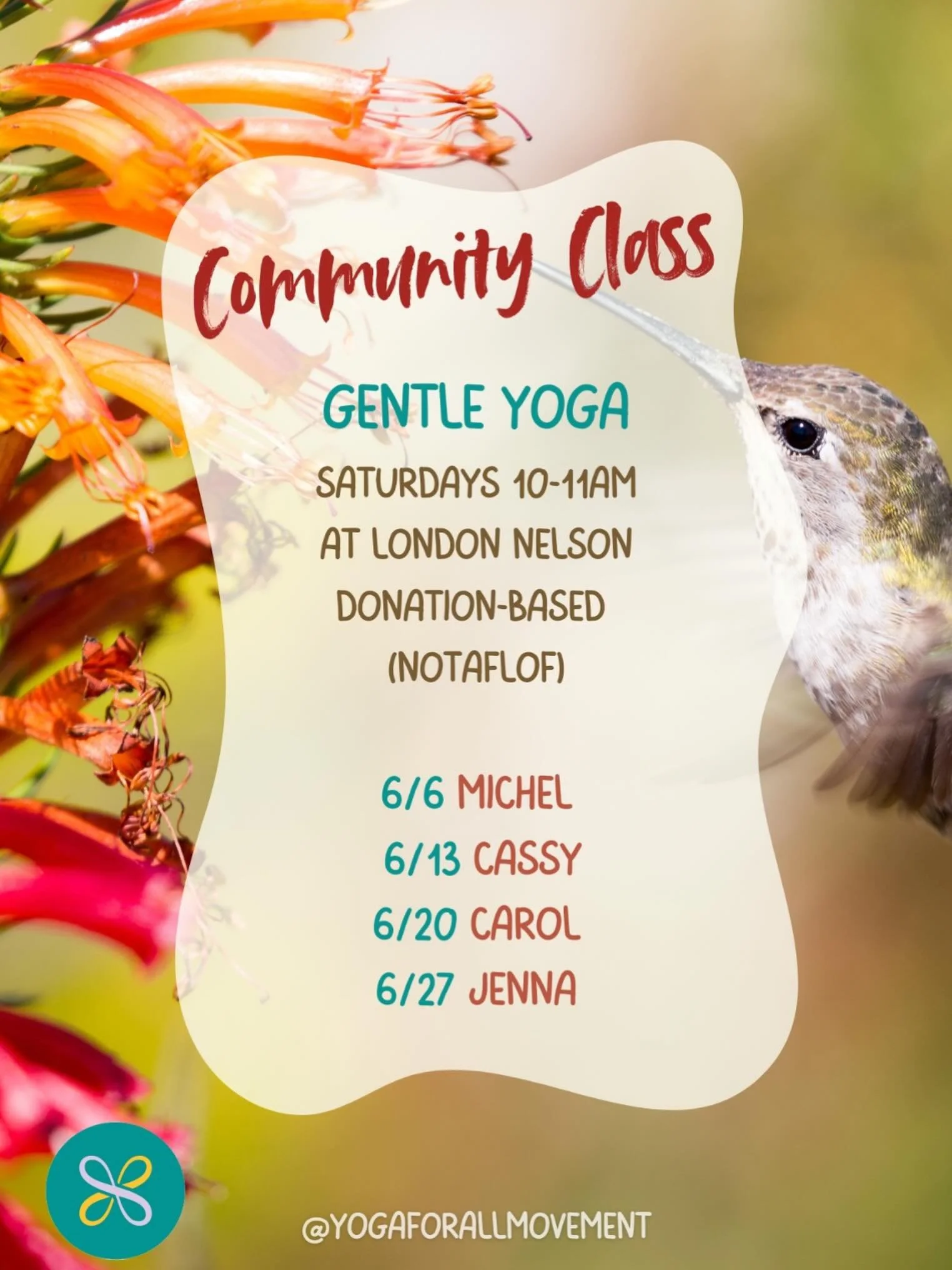 Happy June! Here&rsquo;s a look at who will be teaching our a Saturday community class this month. Join us for:

Gentle Yoga Flow for All!
Every Monday / Friday / Saturday 10-11am
📍 @londonnelsoncenter 
🏷️ Donation-based ~ no one turned away for la