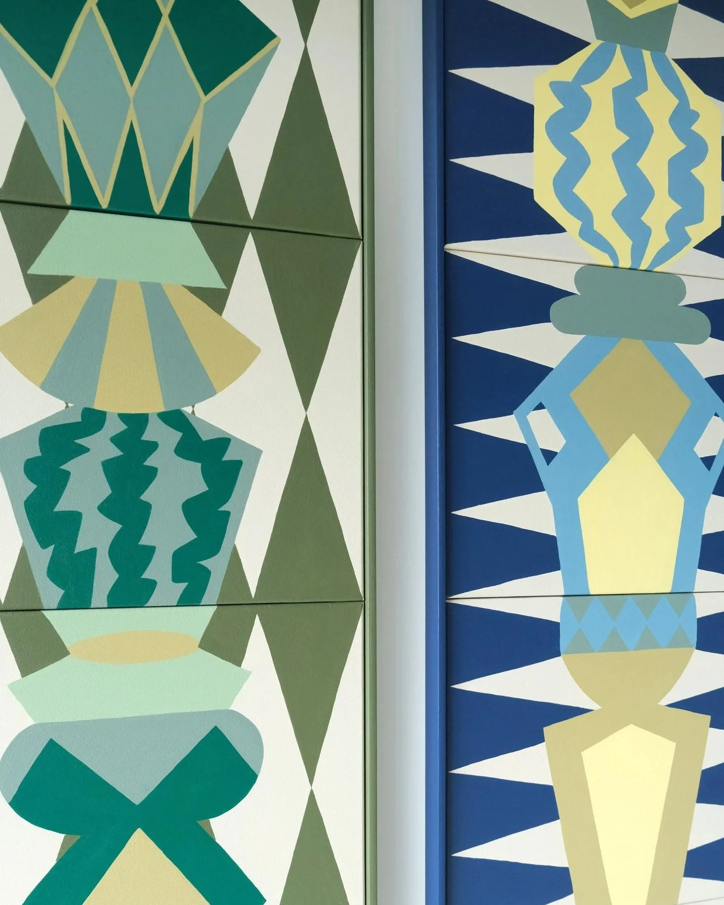 Détail Totems Zelliges Caqui et Azul Escuro — géométrie et textures — peinture acrylique — Charlotte Lemaire Thimel