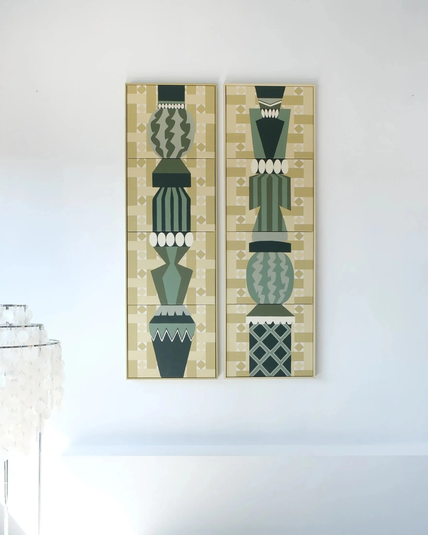 Diptyque Totems Zelliges Verde I et II — vue de face — acrylique sur toile — Charlotte Lemaire Thimel