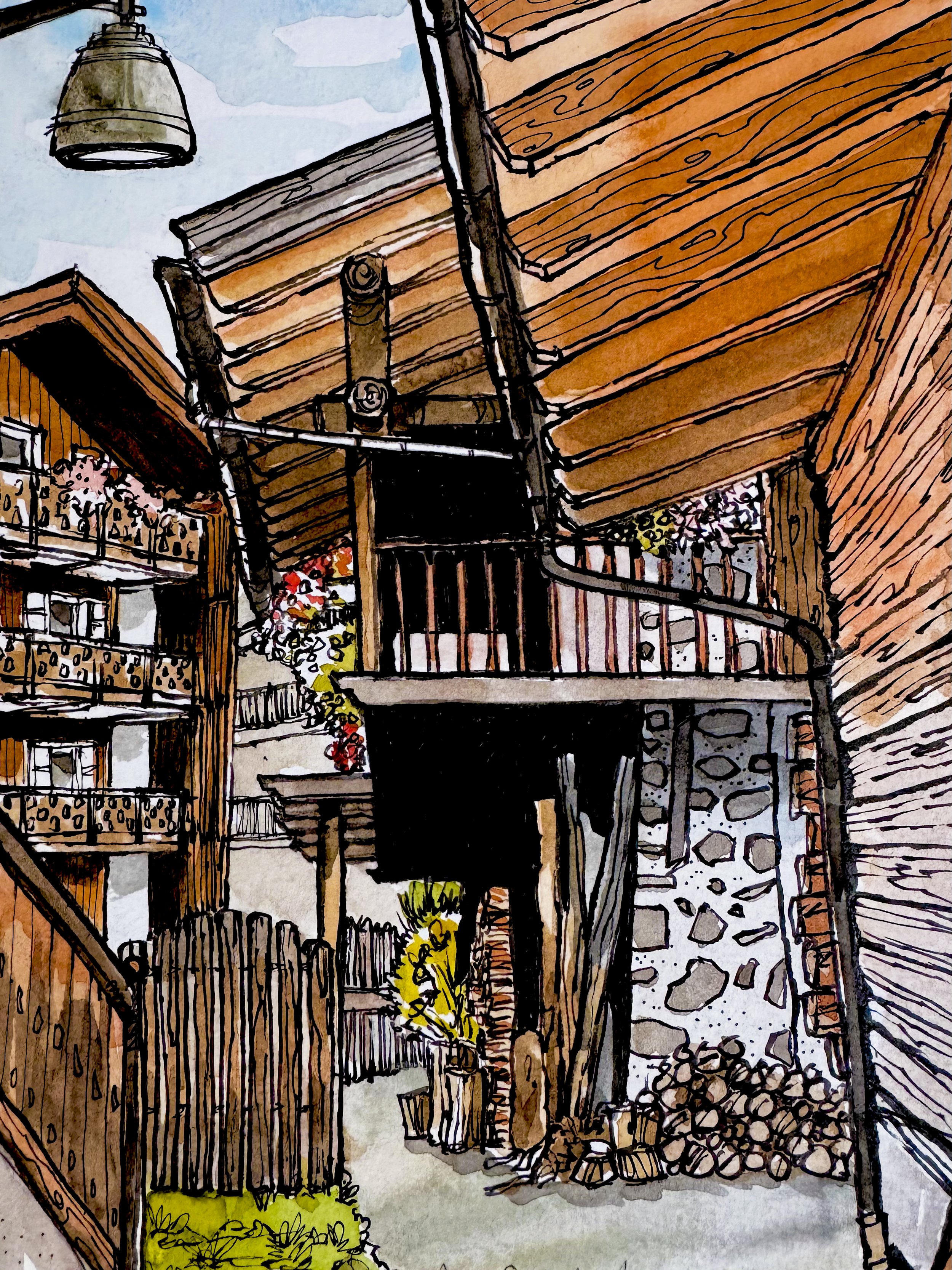 Old Buildings in Canazei_Fountain Pen & Watercolour