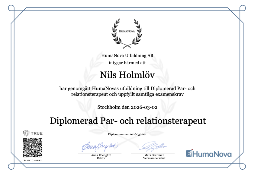 Diplom Par- och relationsterapi från Humanova för Nils Holmlöv