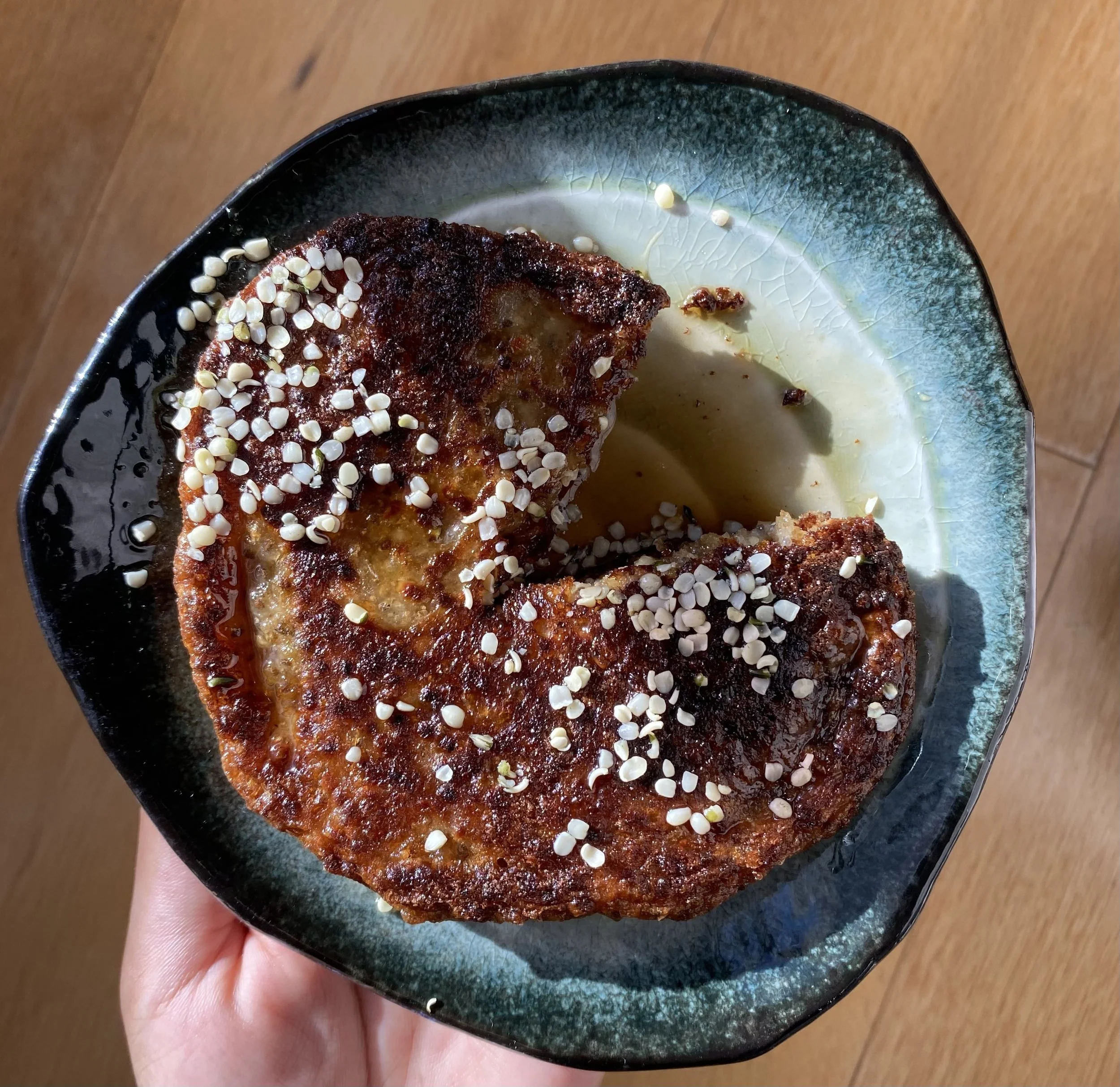 super seedy sourdough pancake with maple syrup and hemp seeds