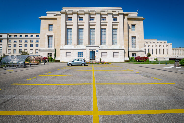 Empty parking of Palais des Nations - Copyright UN Photo - Matija Potocnik