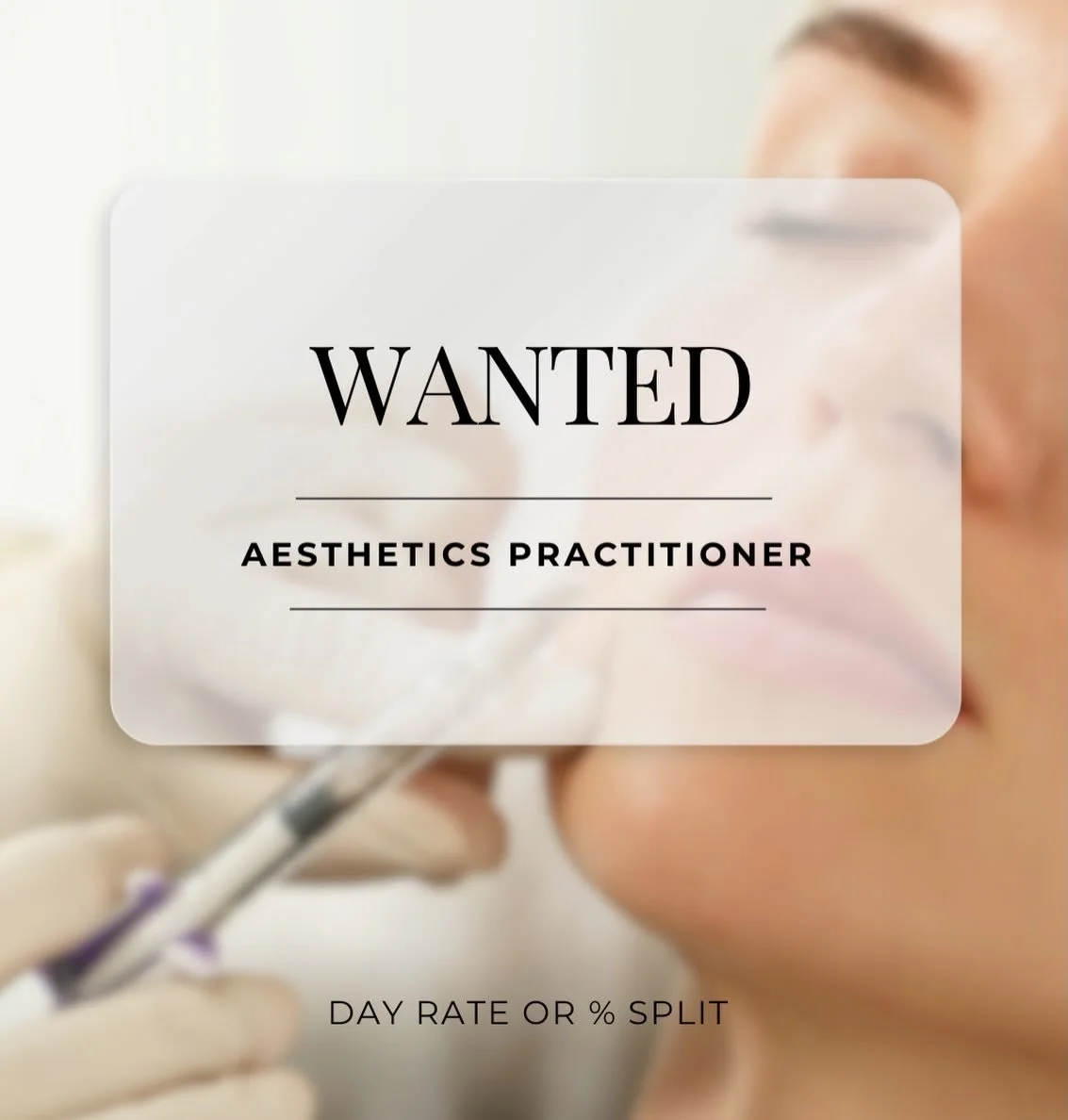 💉 Aesthetics practitioner wanted 💉
 
⚪️ Day rate or percentage split 
⚪️ Prescriber preferred 
⚪️ Medical background preferred 
 
What&rsquo;s in it for you?
 
⚪️ Be a part of a super supportive team
⚪️ Only aesthetics practitioner on site
⚪️ Hair 