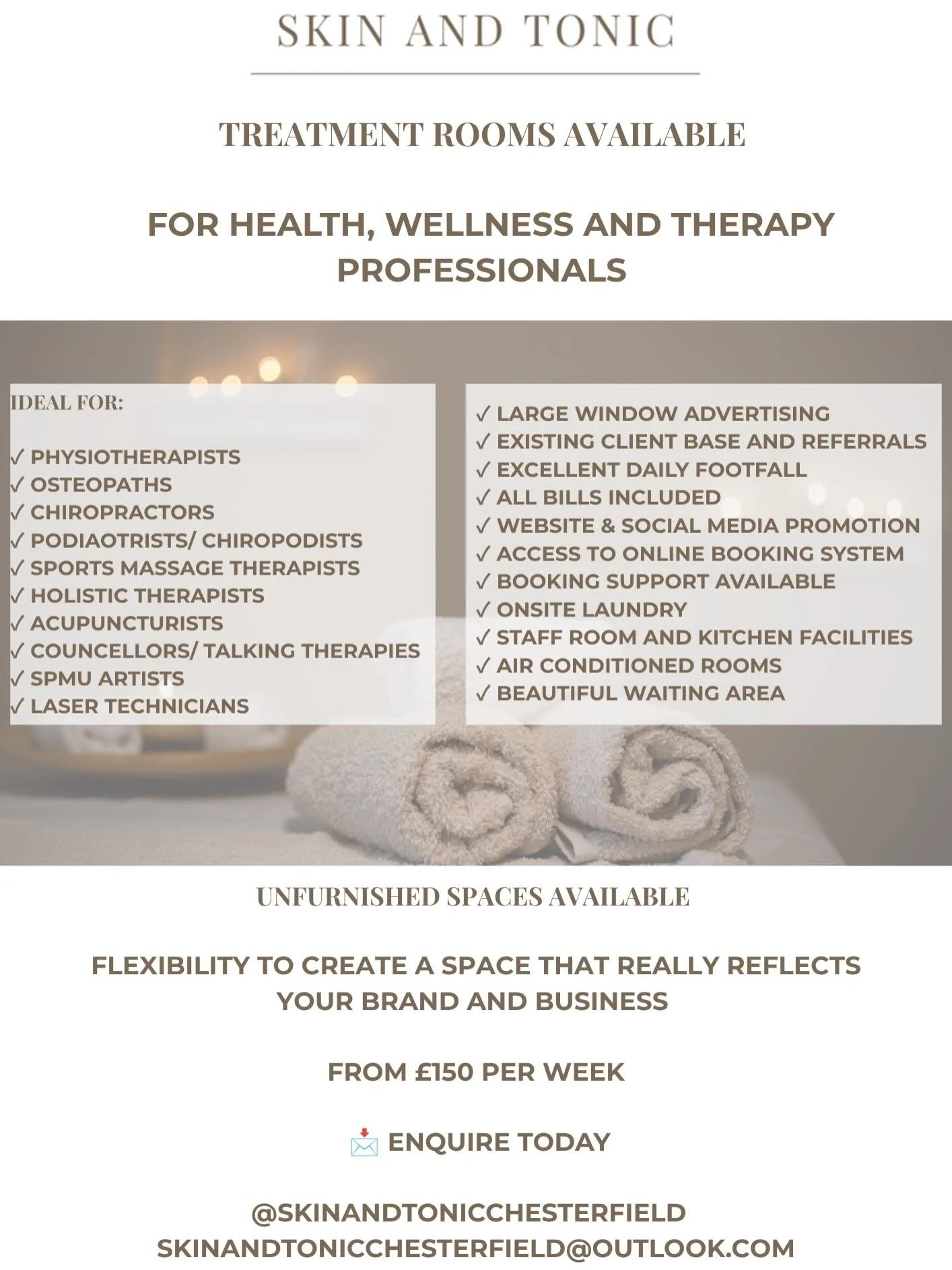 ✨ Exciting Opportunities at Skin And Tonic ✨

As we prepare to open our beautiful new Chesterfield town centre premises, we&rsquo;re looking to welcome like-minded professionals to join our growing beauty, wellness and healthcare community.

We curre