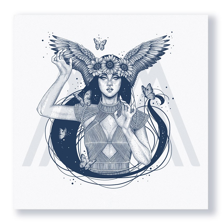 High Quality Monochrome Printed Illustration, Astrology Zodiac Sign Virgo,  Beautiful Female Angel — Mademoiselle Maya