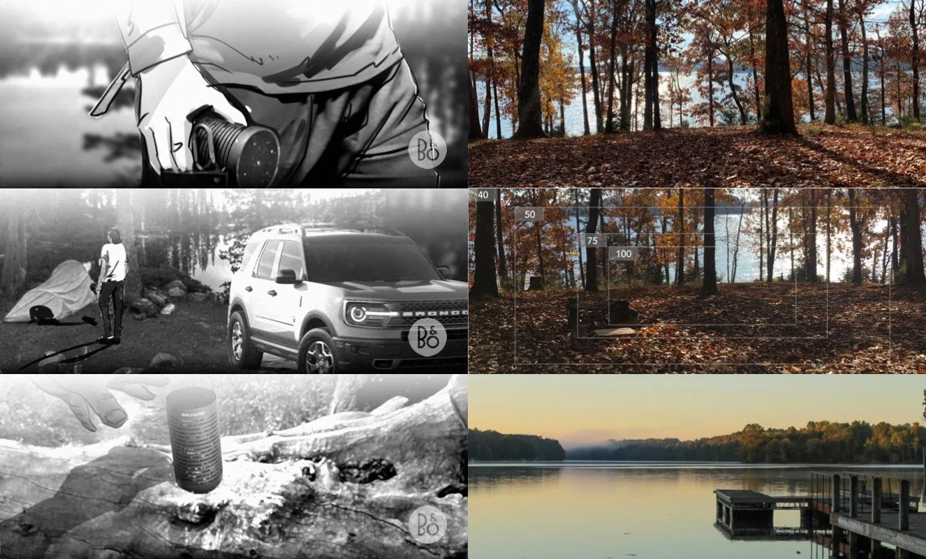 Storyboards matched up with location photos for the Sounds of Adventure short film for Ford Bronco Sport.