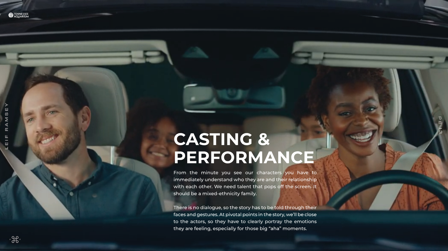 Casting and Performance slide in Leif Ramsey's directors treatment for the Tennessee Aquarium's 2025 ad campaign.