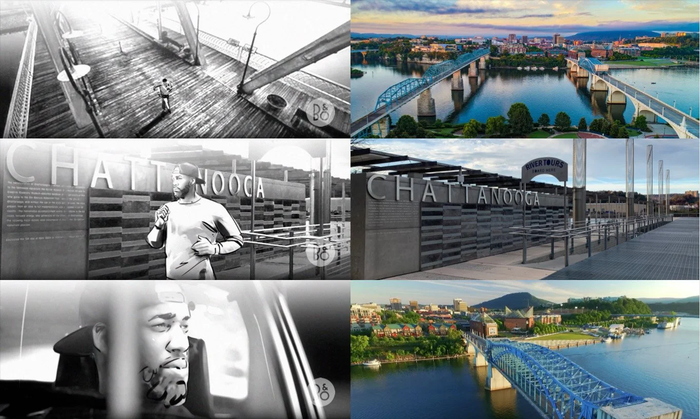 Storyboards matched up with location stills for the Sounds of Adventure short film for Ford Bronco Sport.