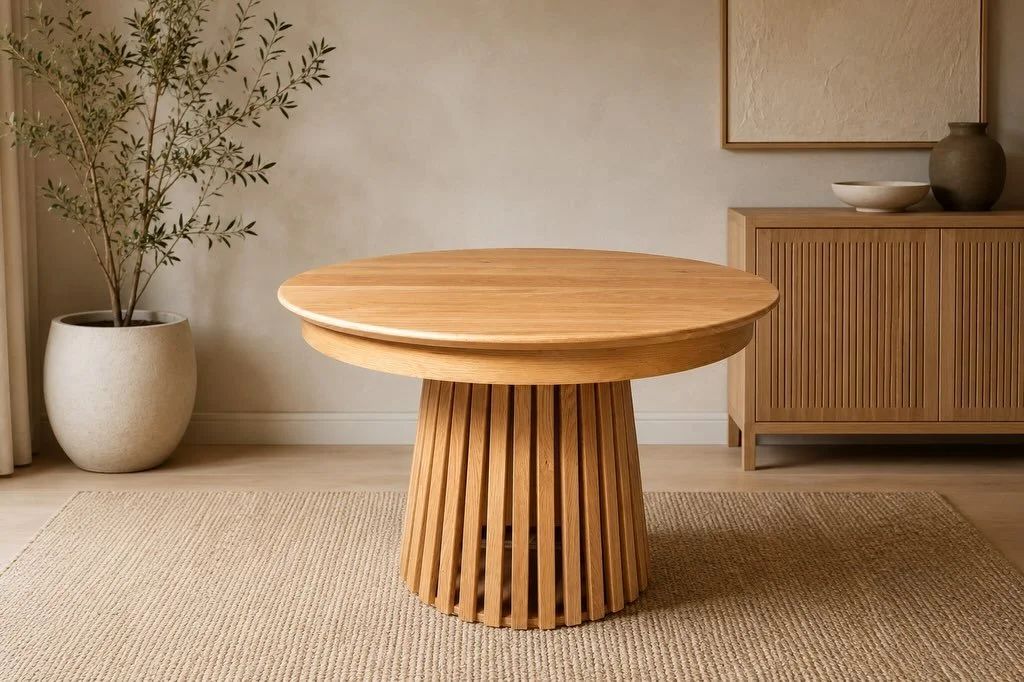 A few glamour shots of the &ldquo;Vita&rdquo; table. This white oak table is less than four feet round to start making it perfect for everyday use. It expands to over 9 feet leaving room for every celebration and get together. #diningtable #interiord