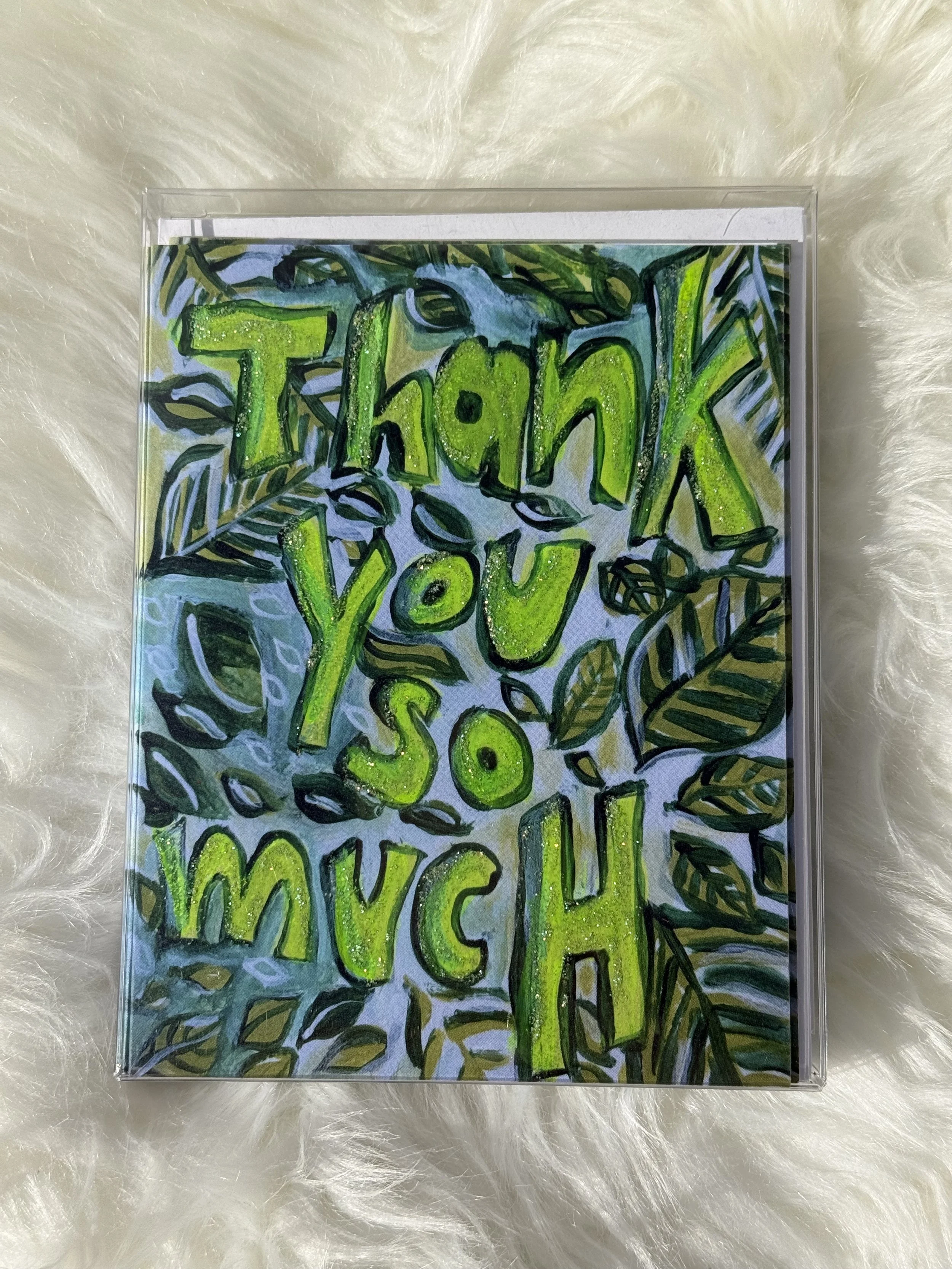 **ENC-TYSM2 (Box of 10 blank notecards) | Embellished with neon paint and glitter | 4.21" x 5.47" | Wholesale: $19.50; MSRP: $39 | Case Size: 6 per design