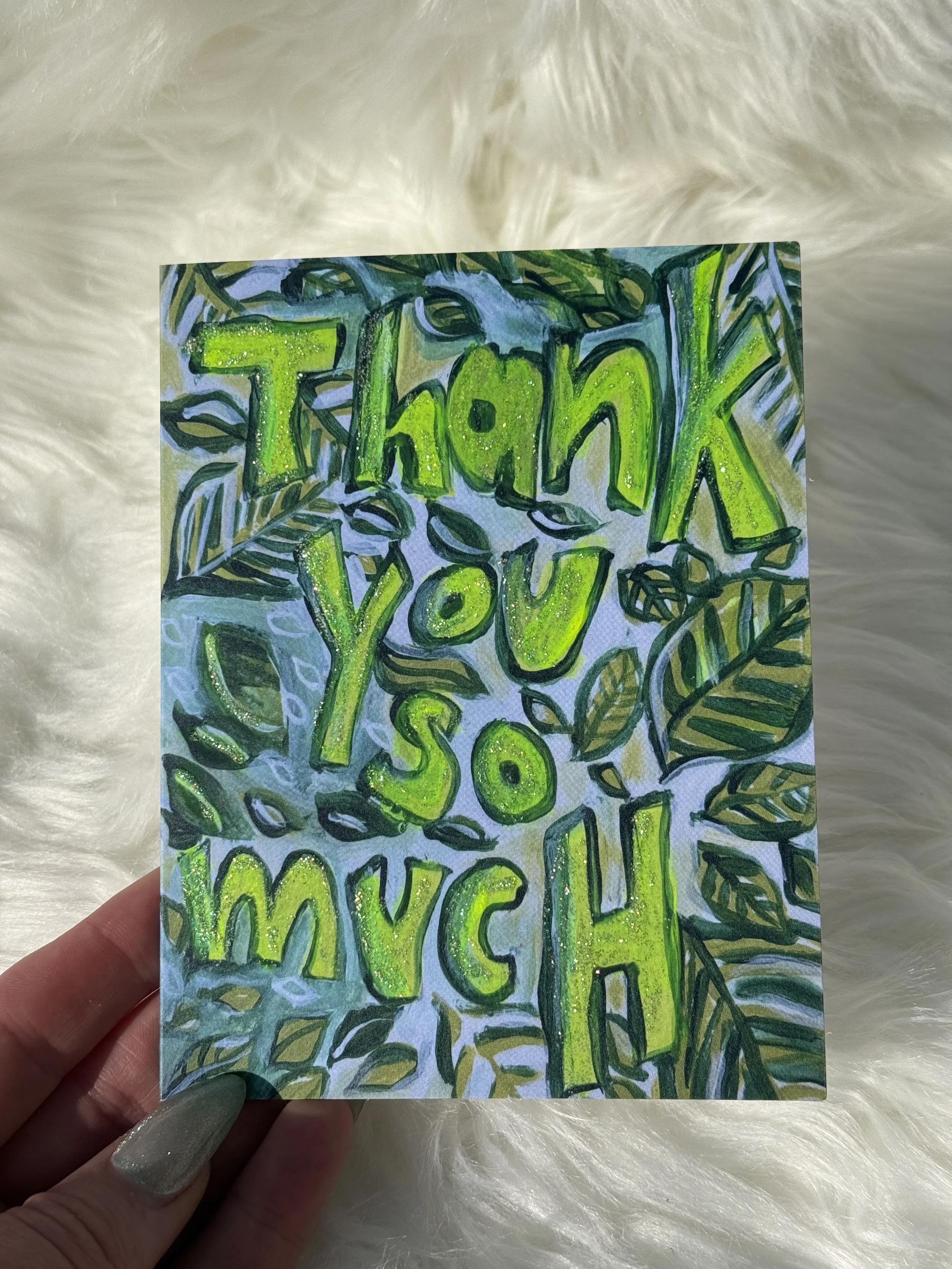 **ENC-TYSM (Single blank notecard)  | Embellished with neon paint and glitter | 4.21" x 5.47" | Wholesale: $3; MSRP: $6 | Case Size: 6 per design