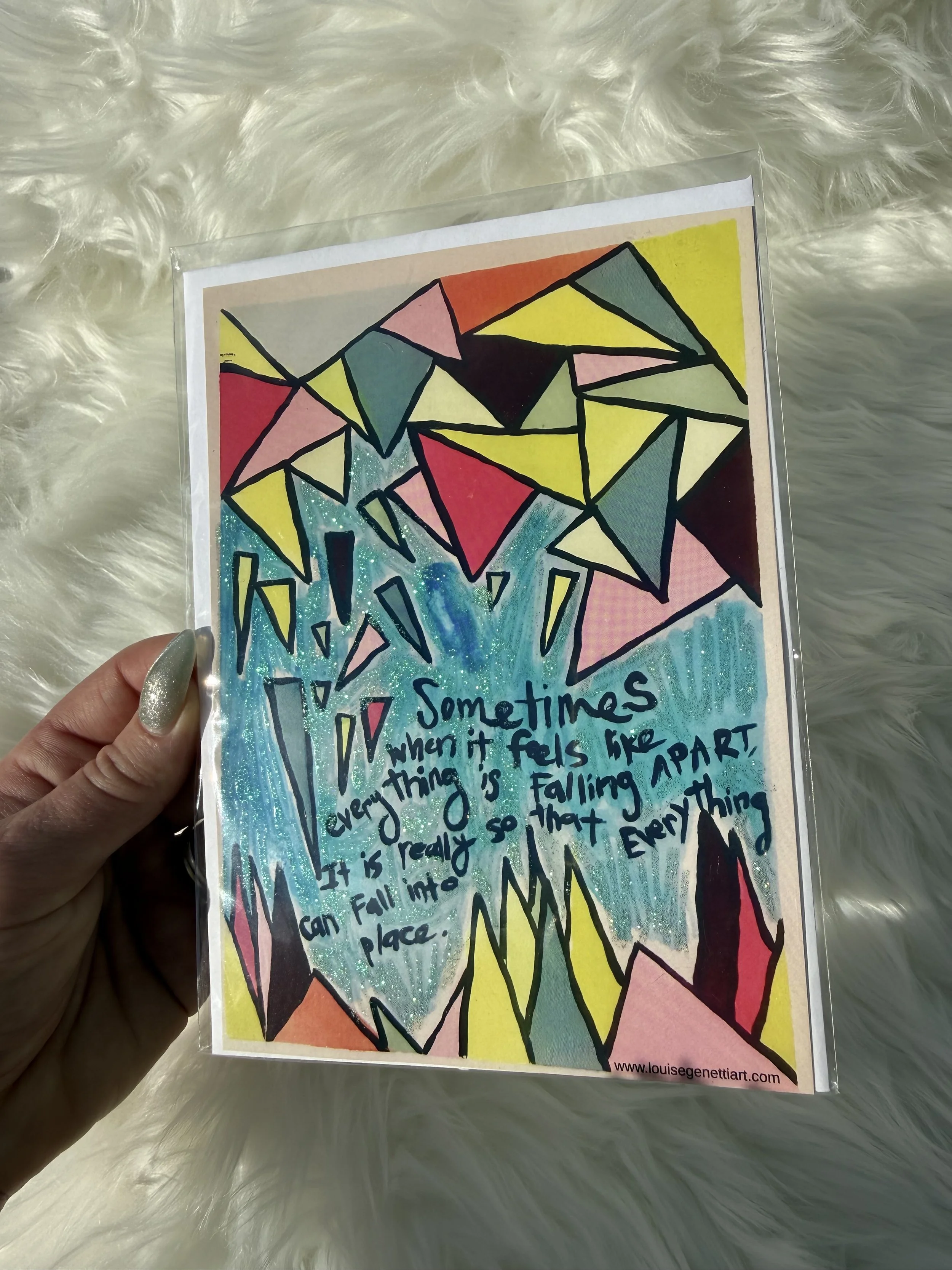 **ENC-Fallapart | 5" x 7" Card Embellished with glitter Enclosed with Vinyl sticker, envelope and artist statement card | Wholesale: $6.50; MSRP: $13 | Case Size: 3 