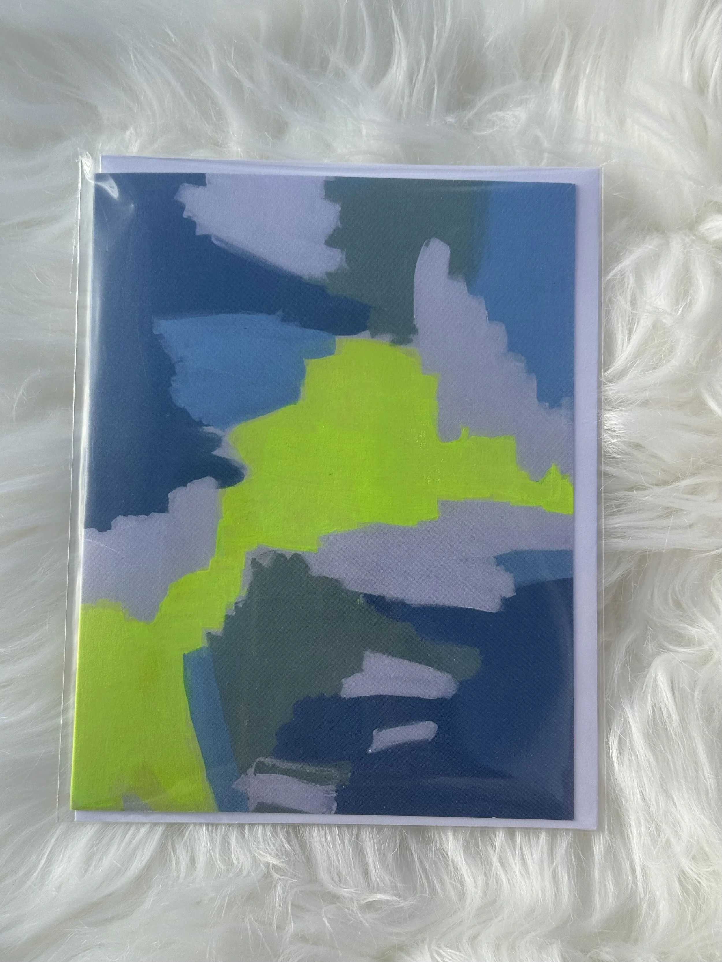 **ENC-BlueChartreuse | 4.21" x 5.47" | Embellished with acrylic neon paint | Wholesale: $3; MSRP: $6 | Case Size: 6 per design