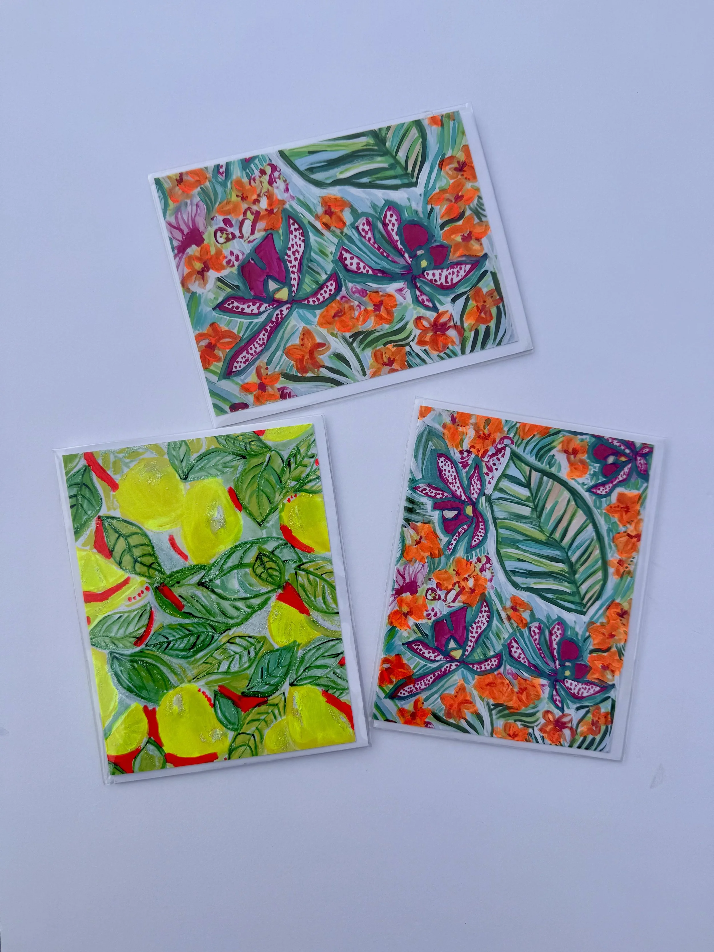 **ENC-Flowers  (Box of 10 blank notecards) | Embellished with acrylic paint | 4.21" x 5.47" | Wholesale: $19.50; MSRP: $39 | Case Size: 6 per design