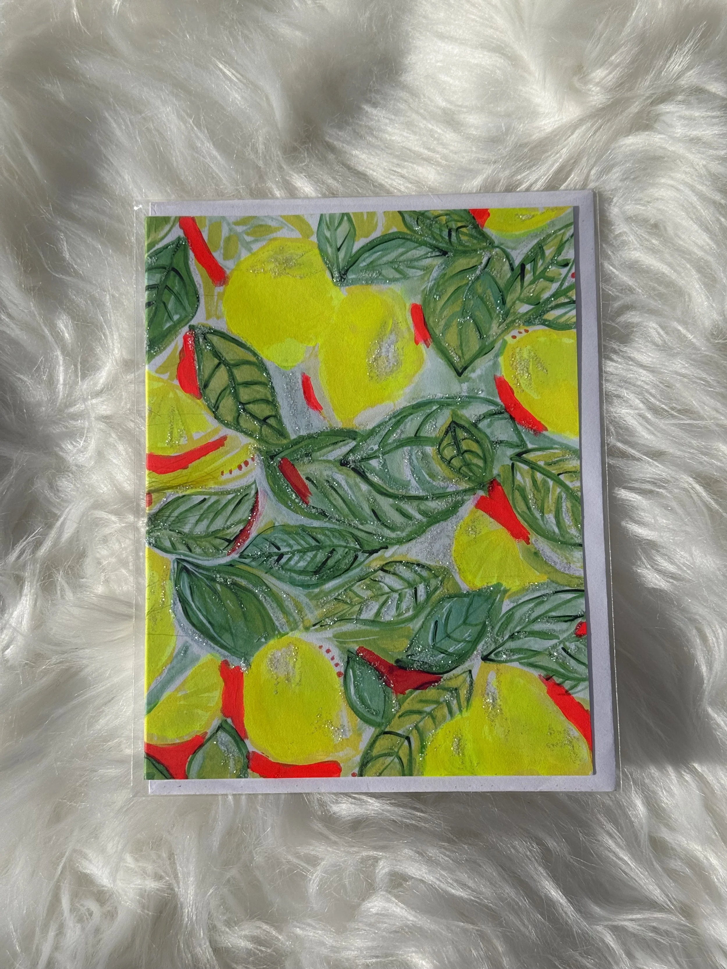 **ENC-Lemon | Embellished with neon paint and glitter | 4.21" x 5.47" | Wholesale: $3; MSRP: $6 | Case Size: 6 per design
