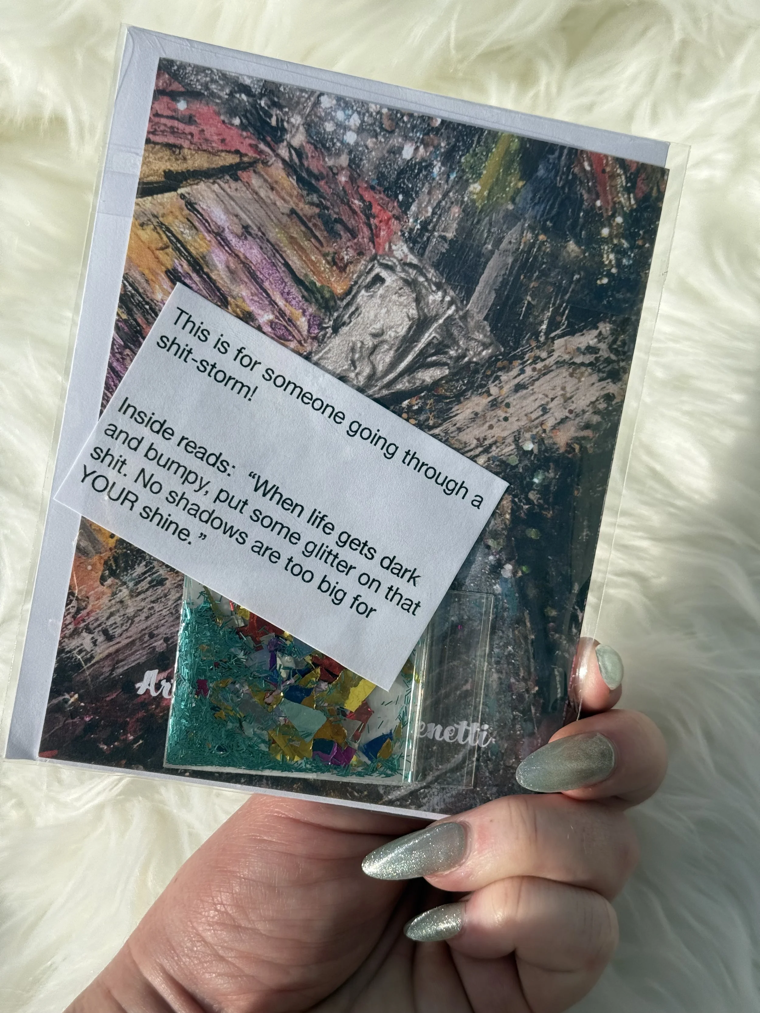 back side with writing and glitter pack included