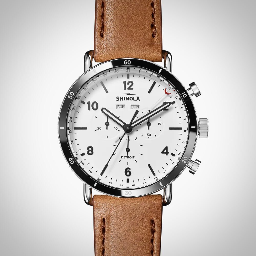 TIMING IS EVERYTHING

An elevated timepiece for your everyday, this 45mm Canfield Sport is designed to strike up a conversation. This chronograph features a polished stainless steel case, black ceramic bezel and matte white velvet dial punctuated wit
