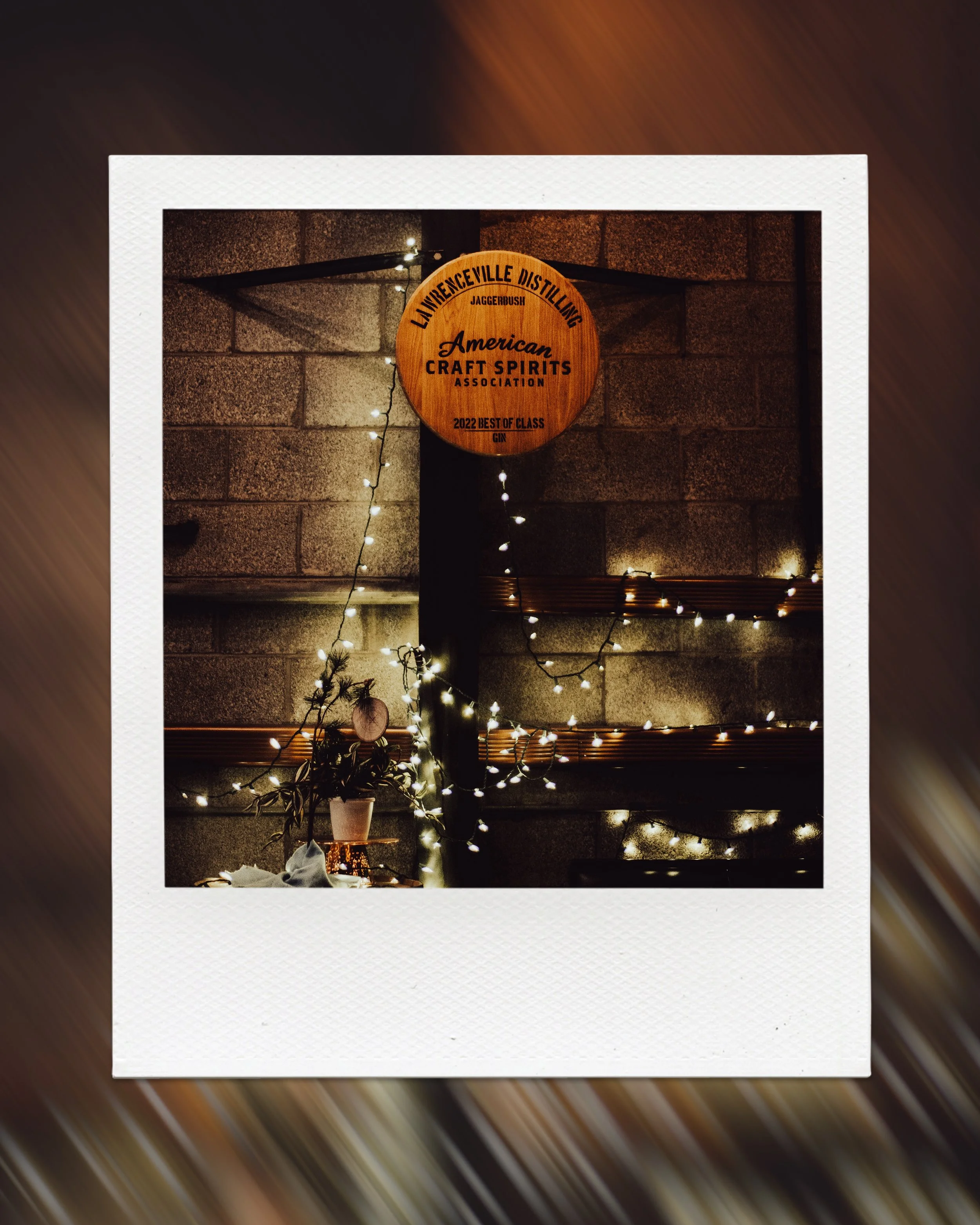 Barrel sign with string lights and plant