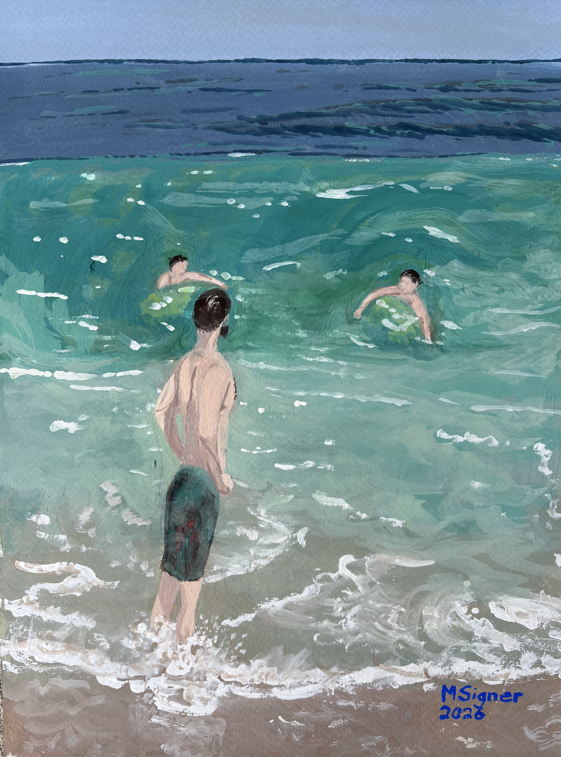"Alex and the Twins Bodysurfing, Cahoon Hollow." Gouache on canvas.